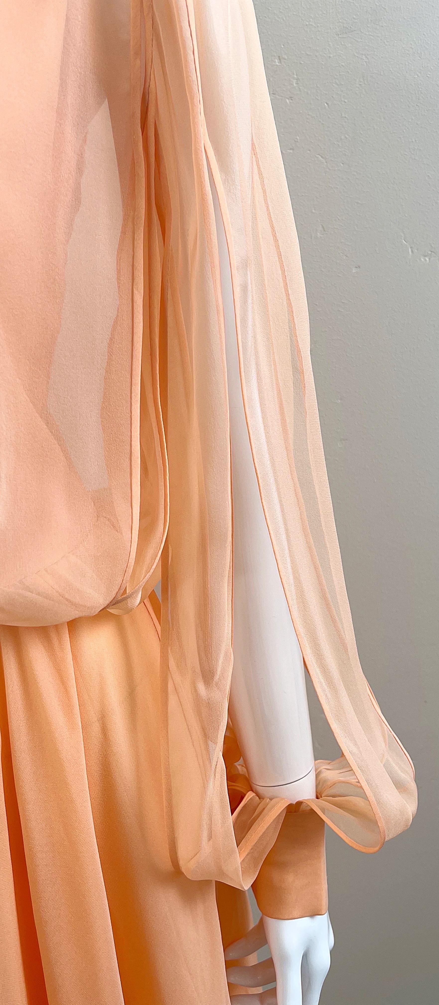 Vintage Galanos Couture 1970s Peach Salmon Silk Chiffon Flowy 70s Dress  In Excellent Condition For Sale In San Diego, CA