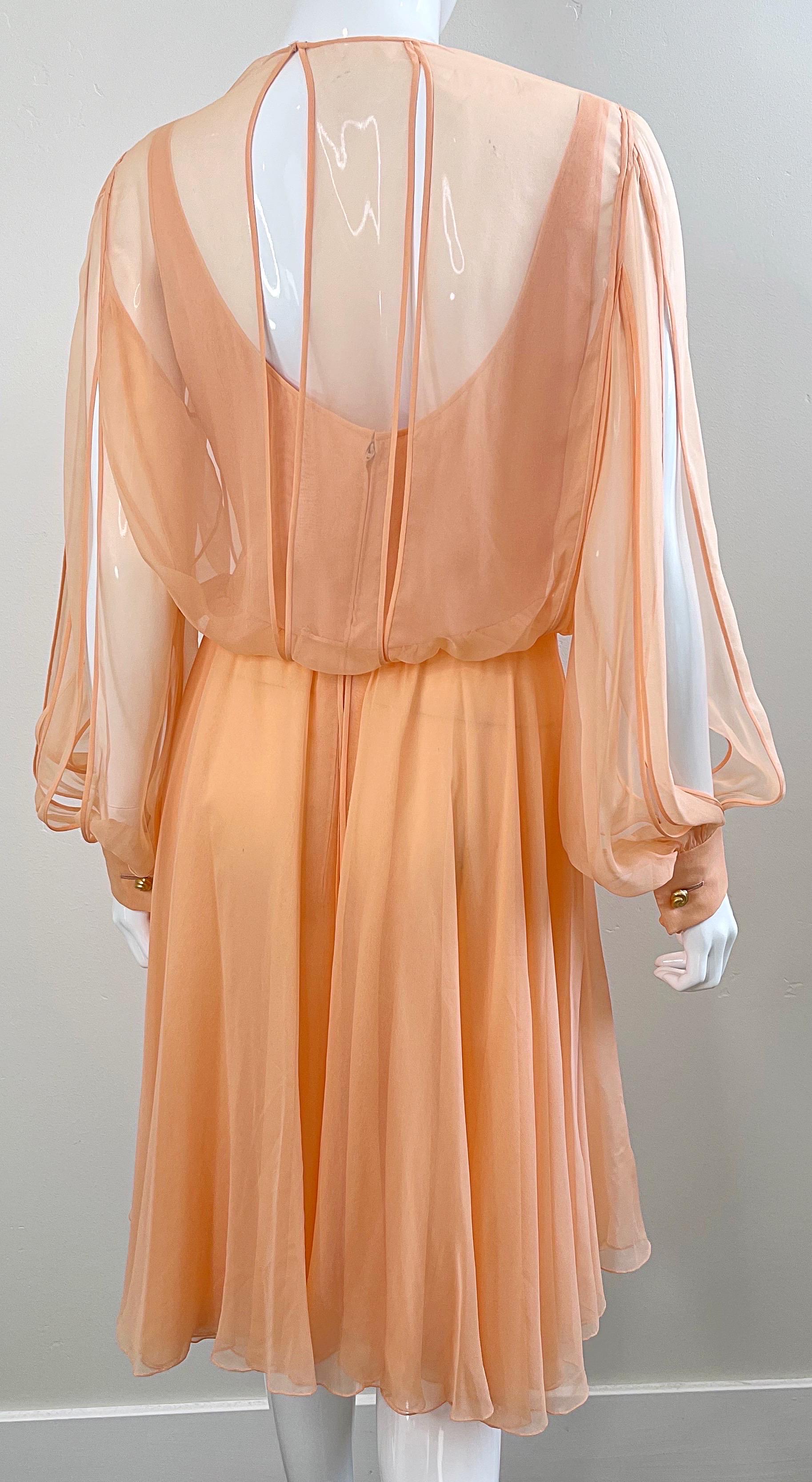 Vintage Galanos Couture 1980 Peach Salmon Silk Chiffon Flowy 80s Dress  en vente 2