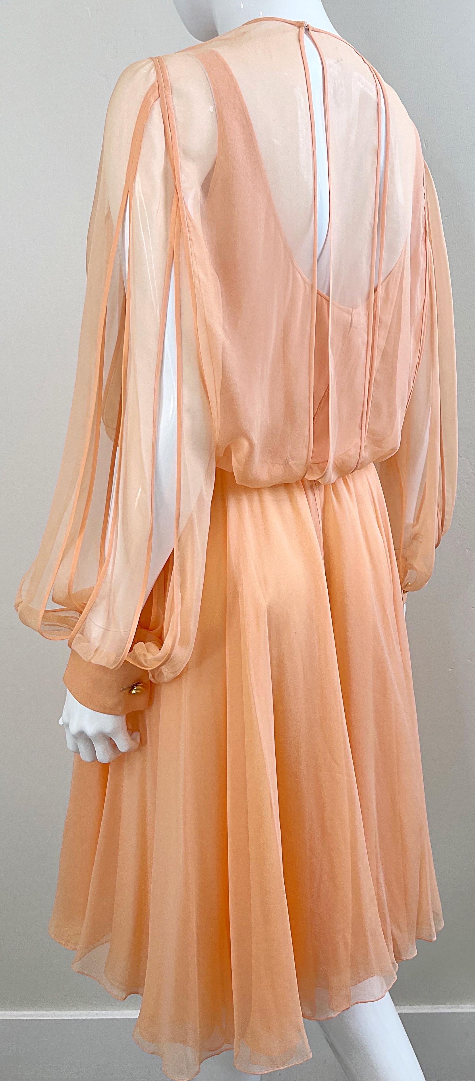 Vintage Galanos Couture 1970s Peach Salmon Silk Chiffon Flowy 70s Dress  For Sale 4