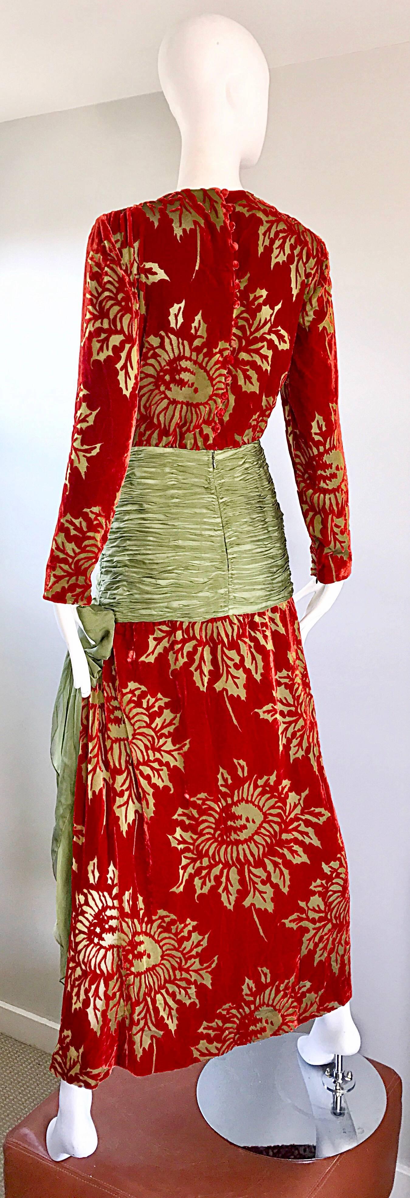 Women's Vintage Galanos Deep Red + Chartreuse Green Burnt Out Silk Velvet 20s Style Gown