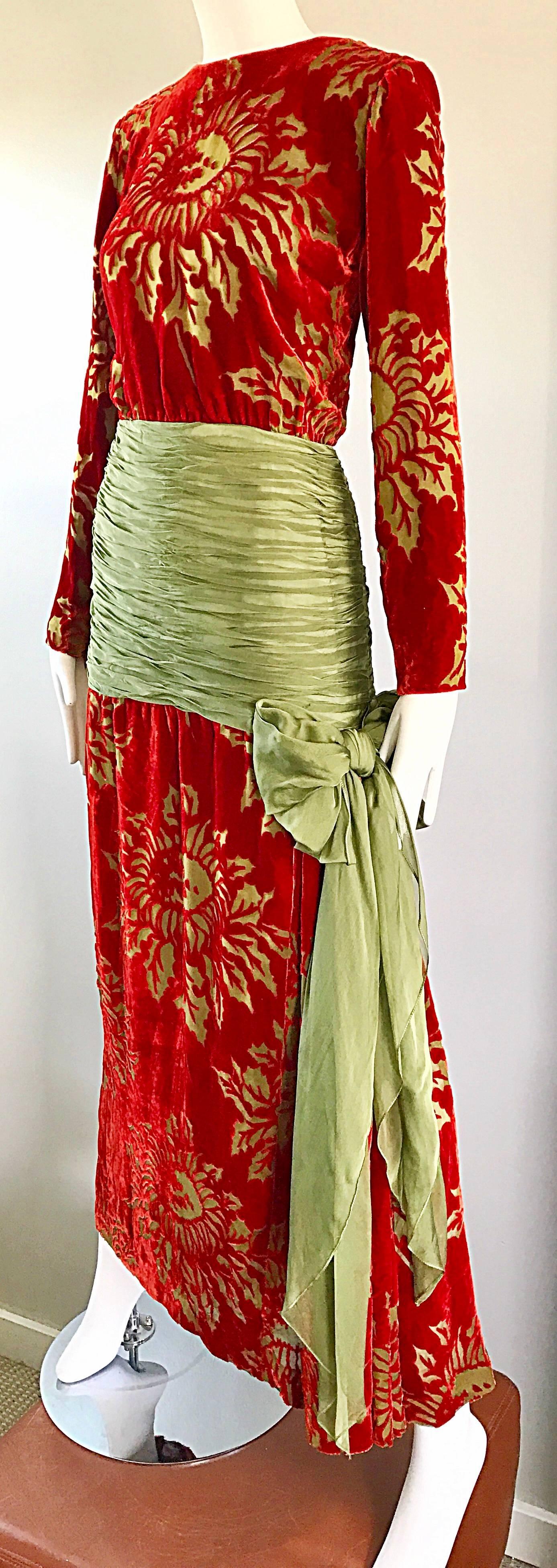 Vintage Galanos Deep Red + Chartreuse Green Burnt Out Silk Velvet 20s Style Gown 1