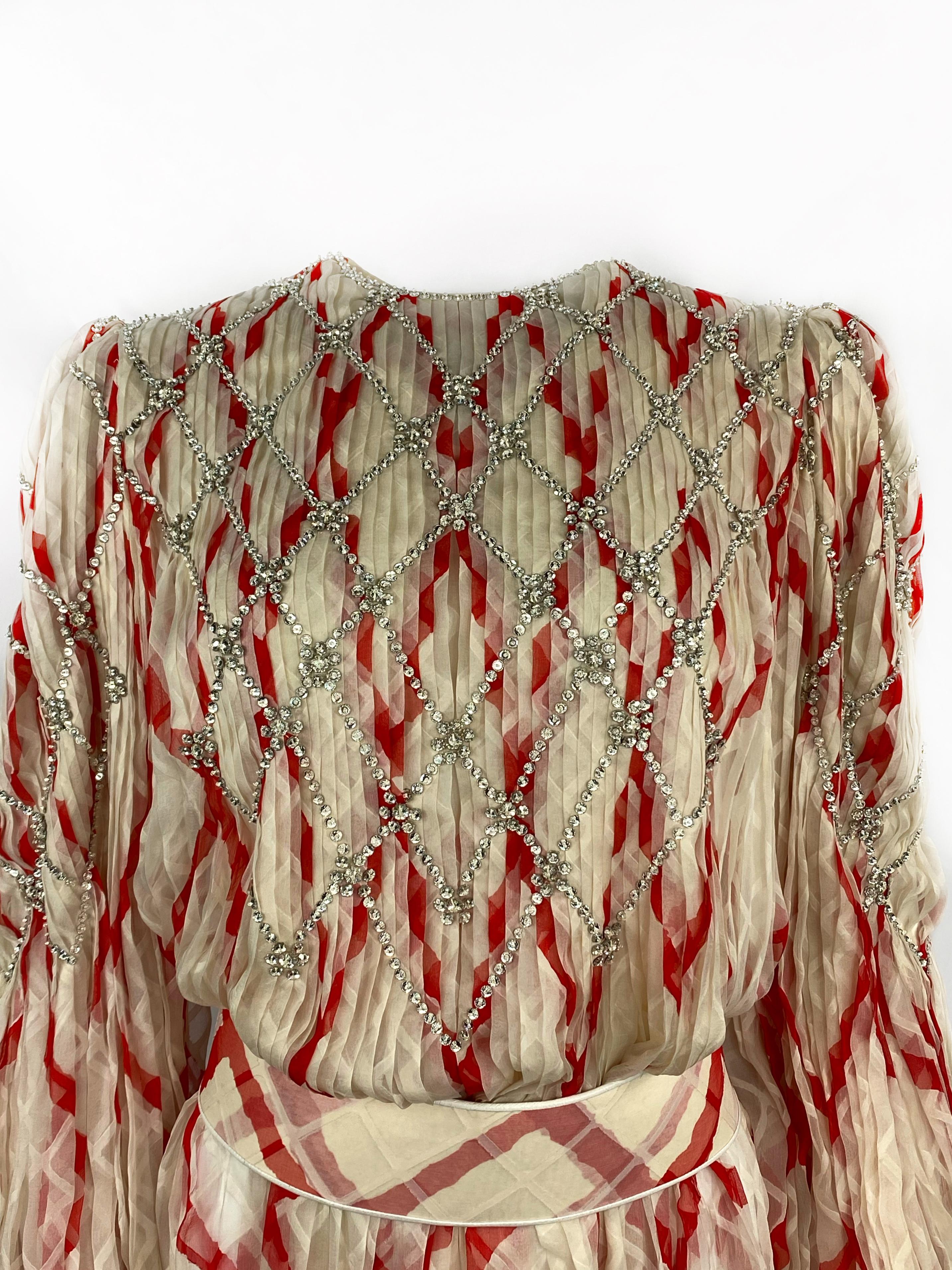 Brown Vintage GALANOS Silk White and Red Swarovski Maxi Dress w/ Belt
