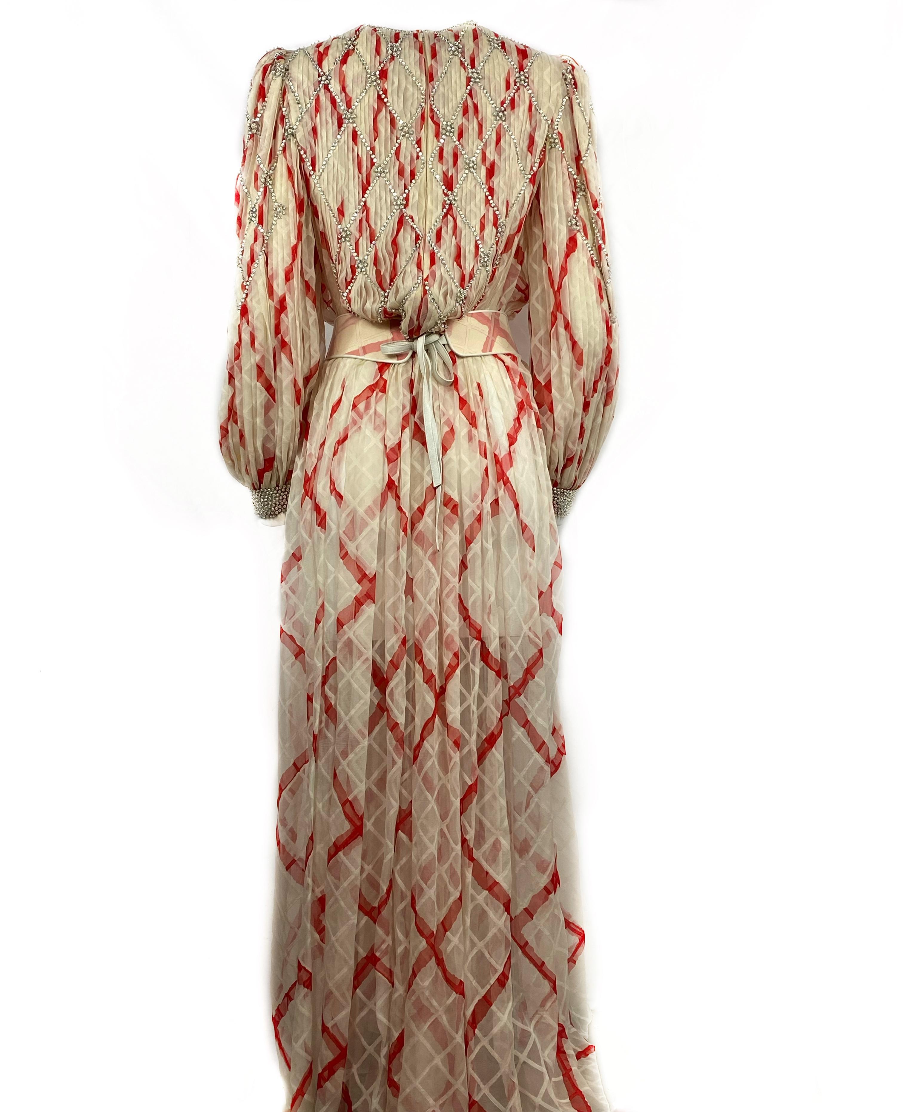 Women's Vintage GALANOS Silk White and Red Swarovski Maxi Dress w/ Belt