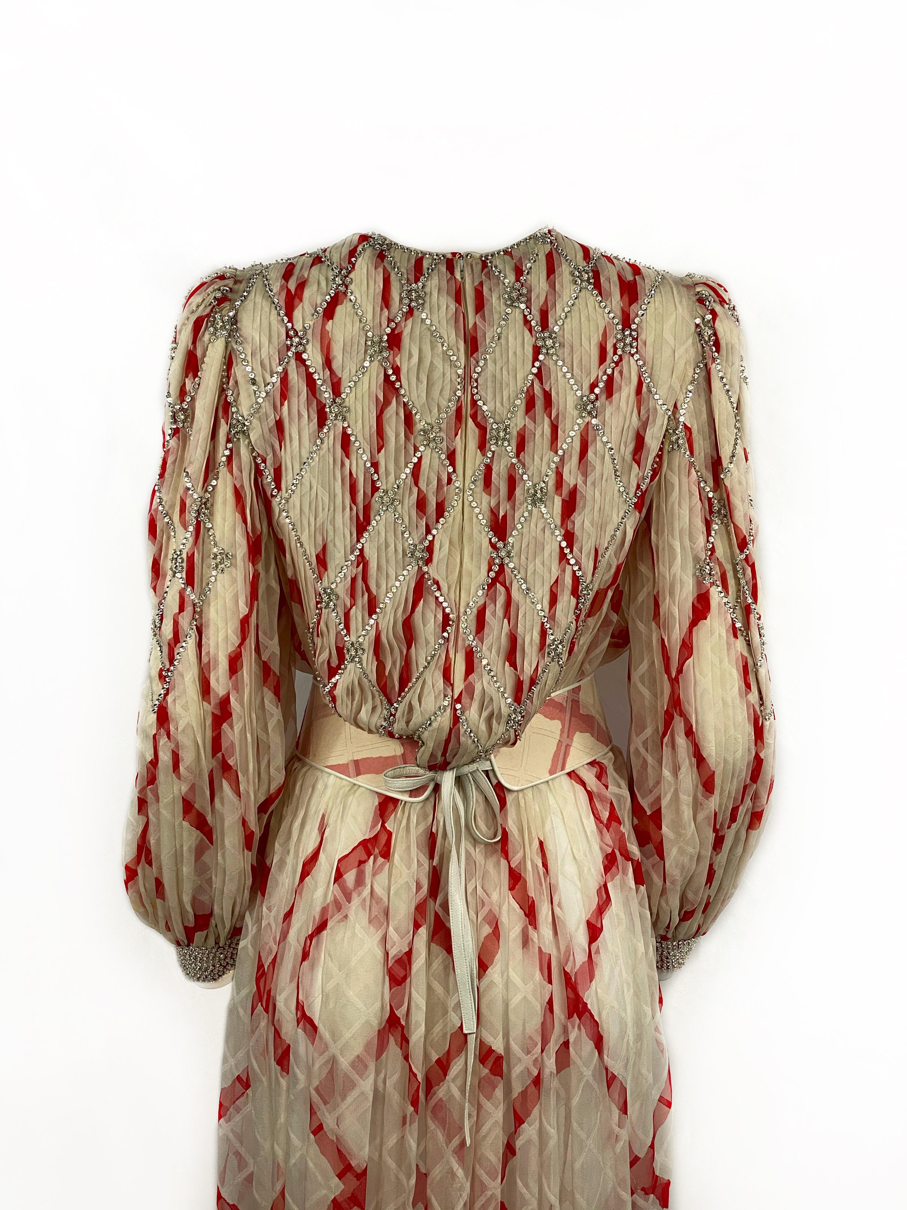 Vintage GALANOS Silk White and Red Swarovski Maxi Dress w/ Belt 1