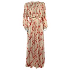 Vintage GALANOS Silk White and Red Swarovski Maxi Dress w/ Belt