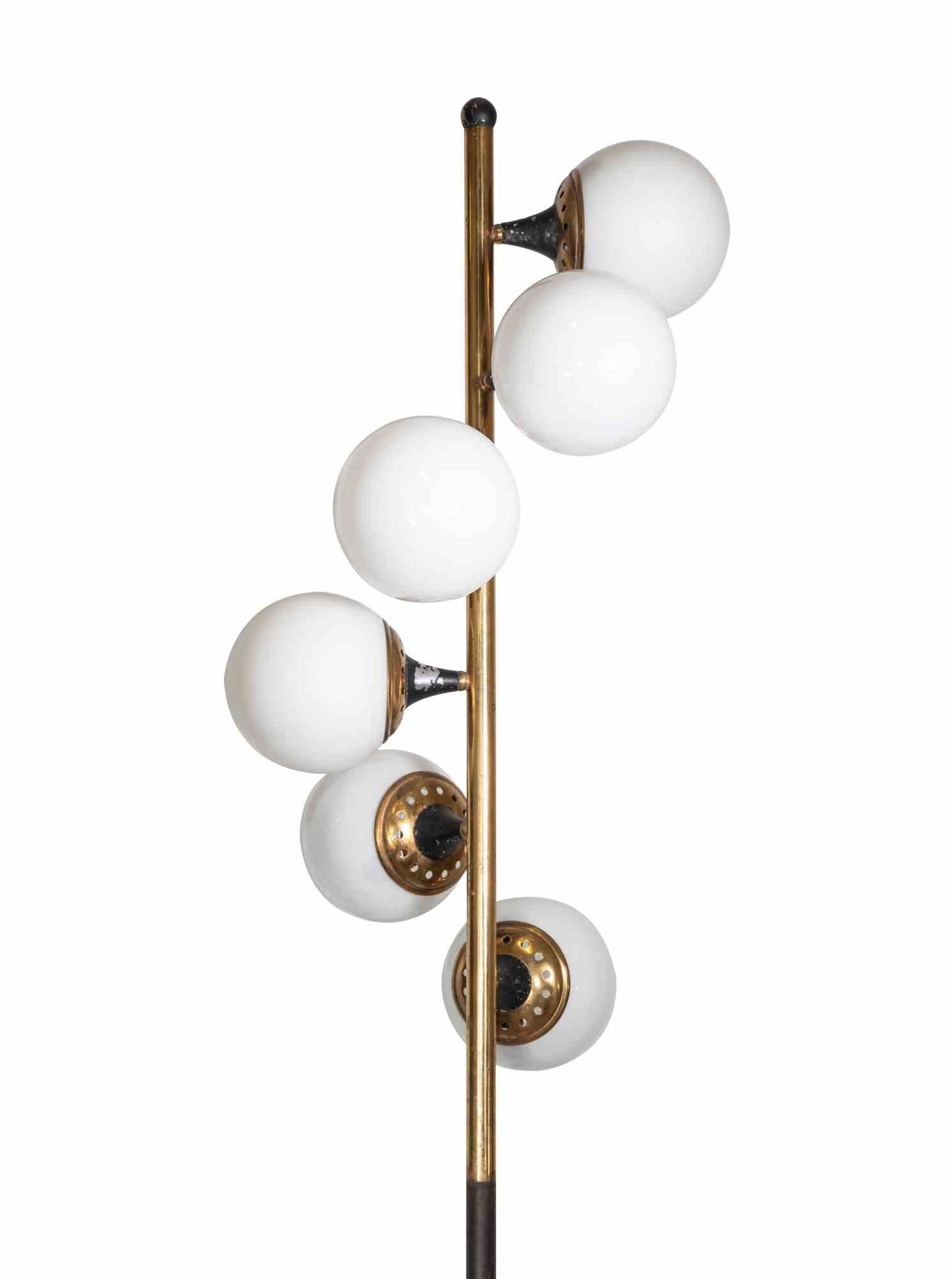 Galaxy floor lamp is an original designed lamp by Stilnovo in the 1960s.

Floor lamp with structure in black metal and brass with galvanic gilding. Diffusers in white triplex glass. Base in white Carrara marble.

Six light points arranged in a
