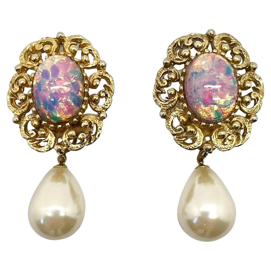Vintage Galleried Opal Glass Pearl Drop Earrings 1960s