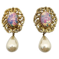 Retro Galleried Opal Glass Pearl Drop Earrings 1960s