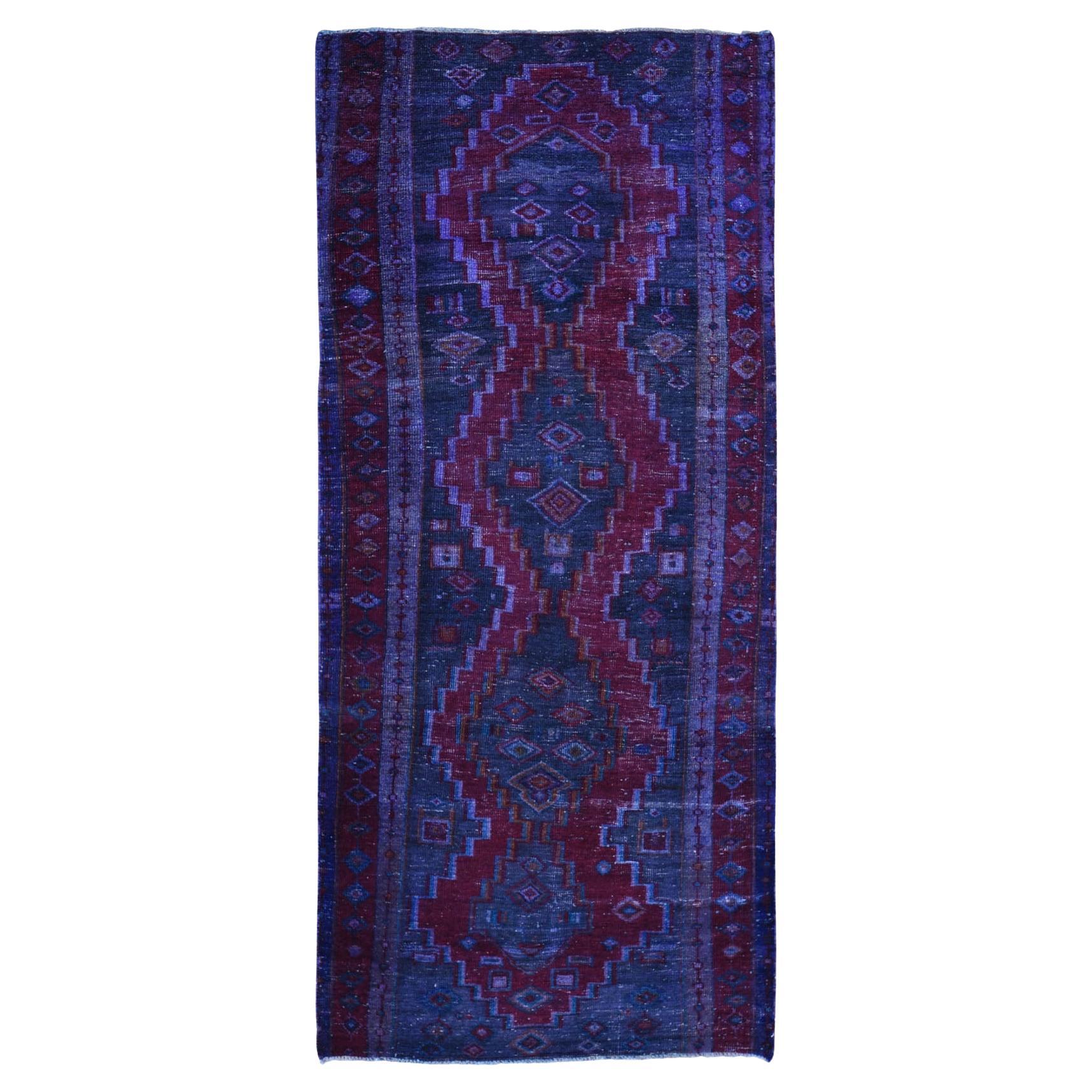 Vintage Gallery Size Overdyed Persian Hamadan Worn Wool Handknotted Oriental Rug For Sale