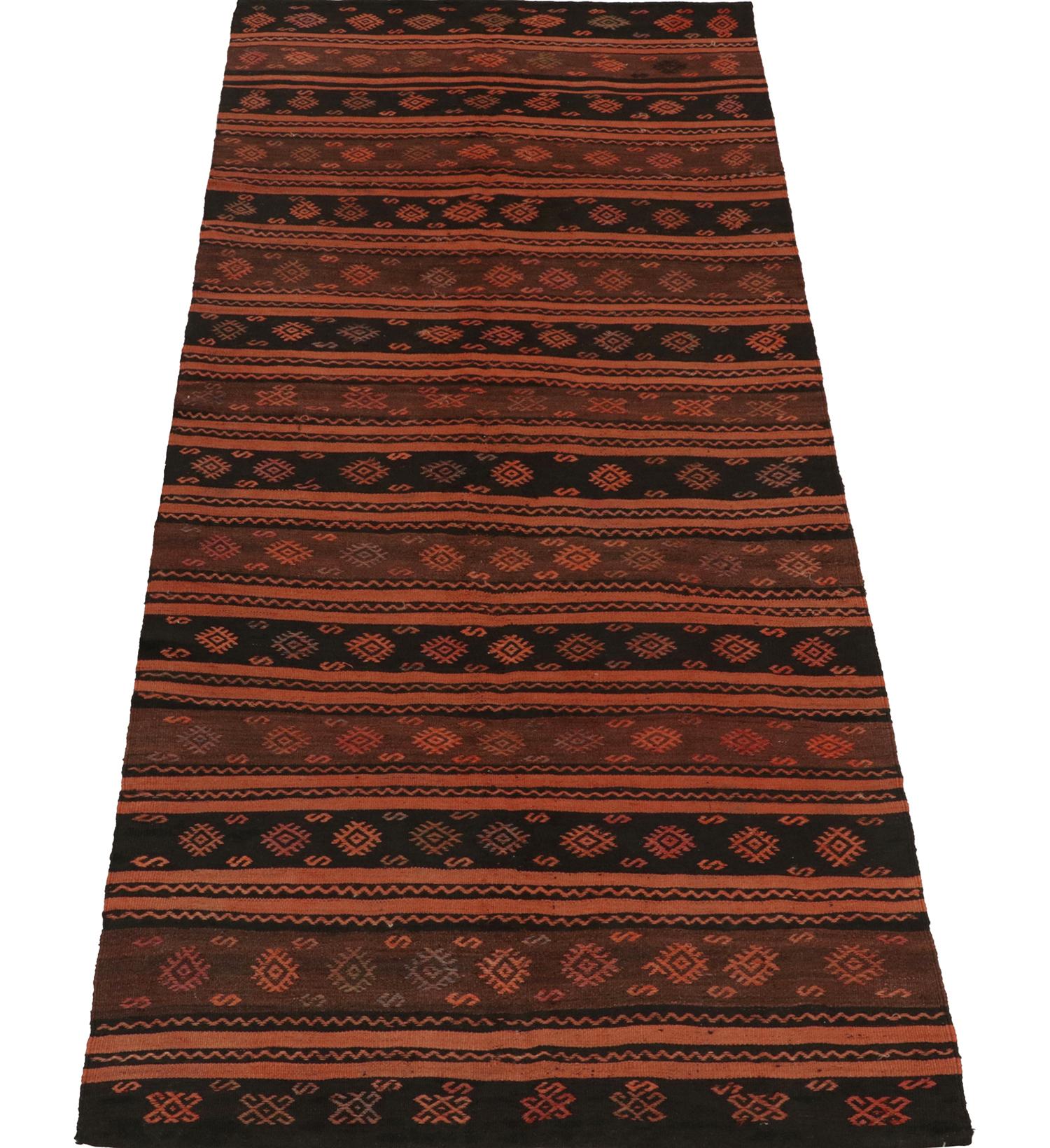 Tribal Vintage Gallery-Sized Kilim in Orange and Black Stripes Patterns by Rug & Kilim For Sale