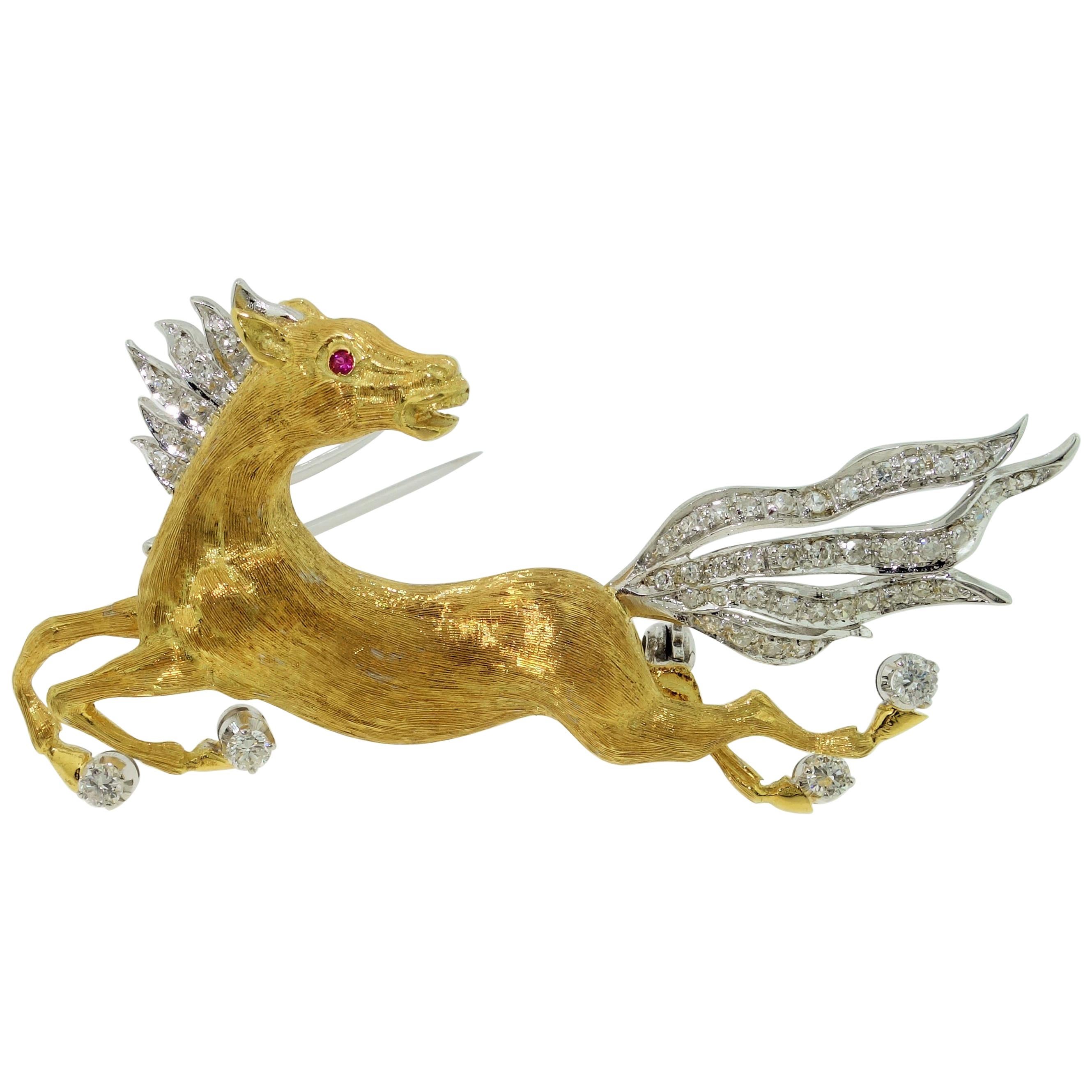Alfiler de oro con diamantes Caballo al galope Vintage Estate Jewelry