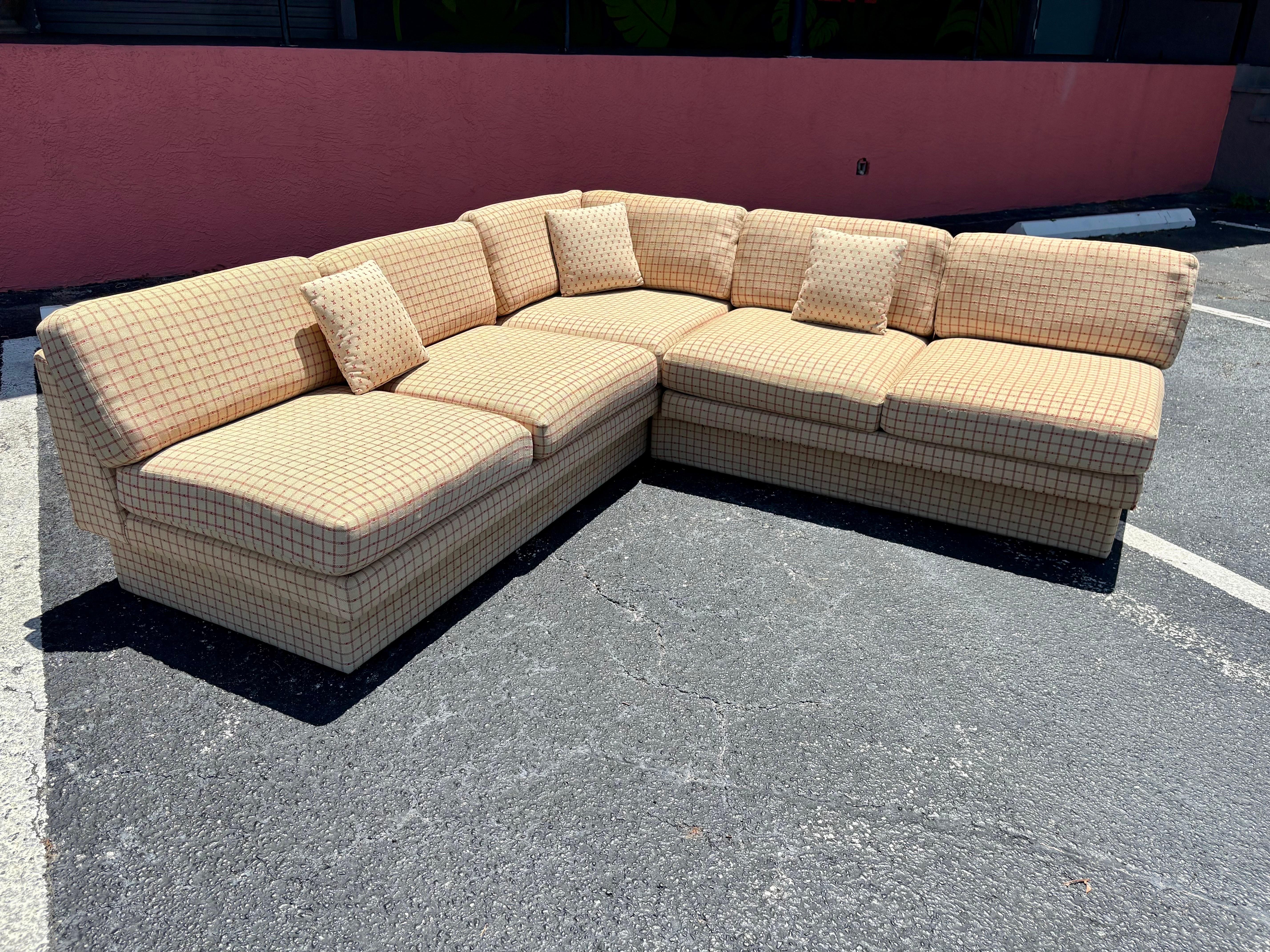 Mid-Century Modern Vintage Galloways Post Modern Two Piece Checked Plaid Sectional Sofa