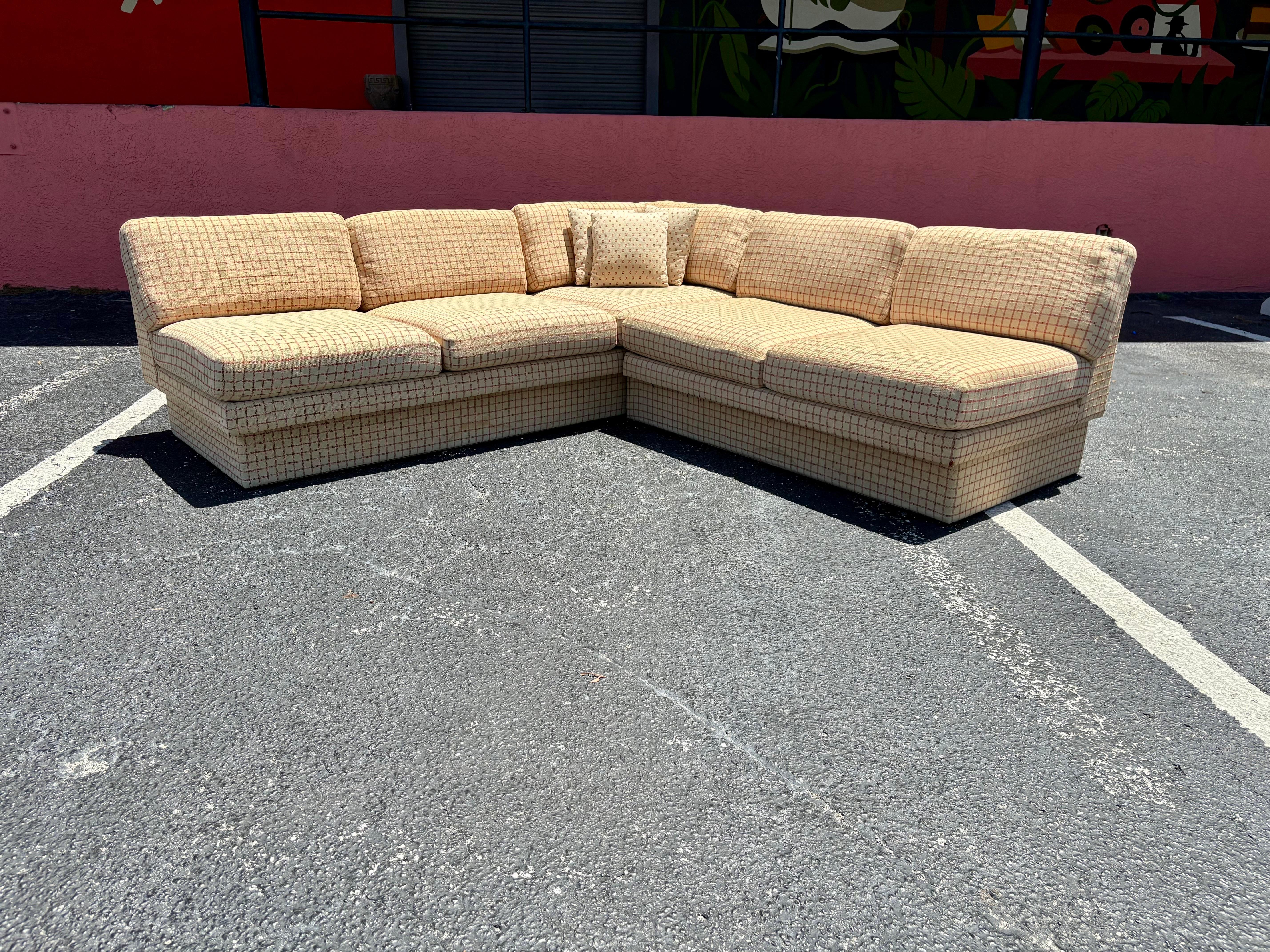 American Vintage Galloways Post Modern Two Piece Checked Plaid Sectional Sofa