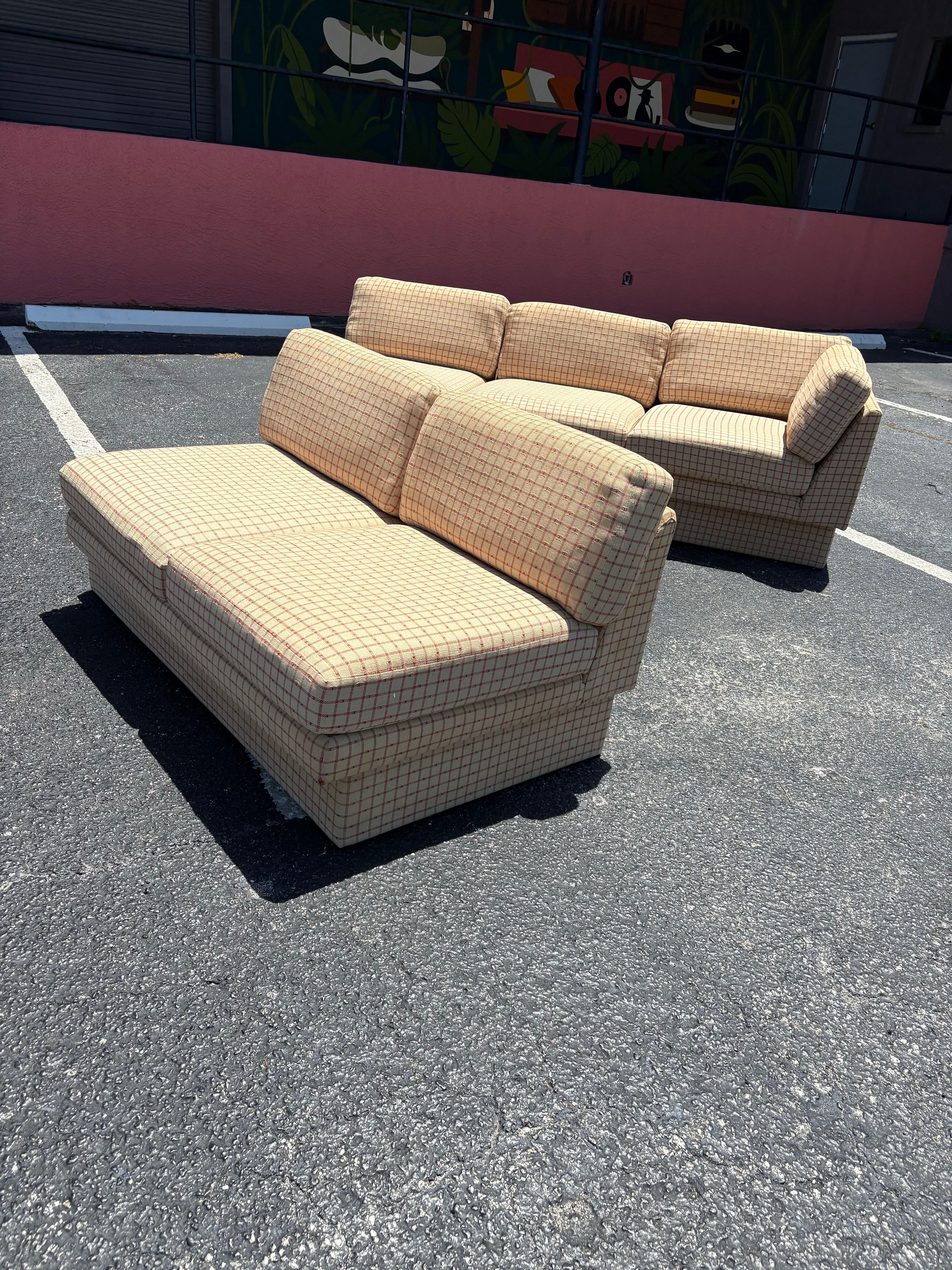 Fabric Vintage Galloways Post Modern Two Piece Checked Plaid Sectional Sofa
