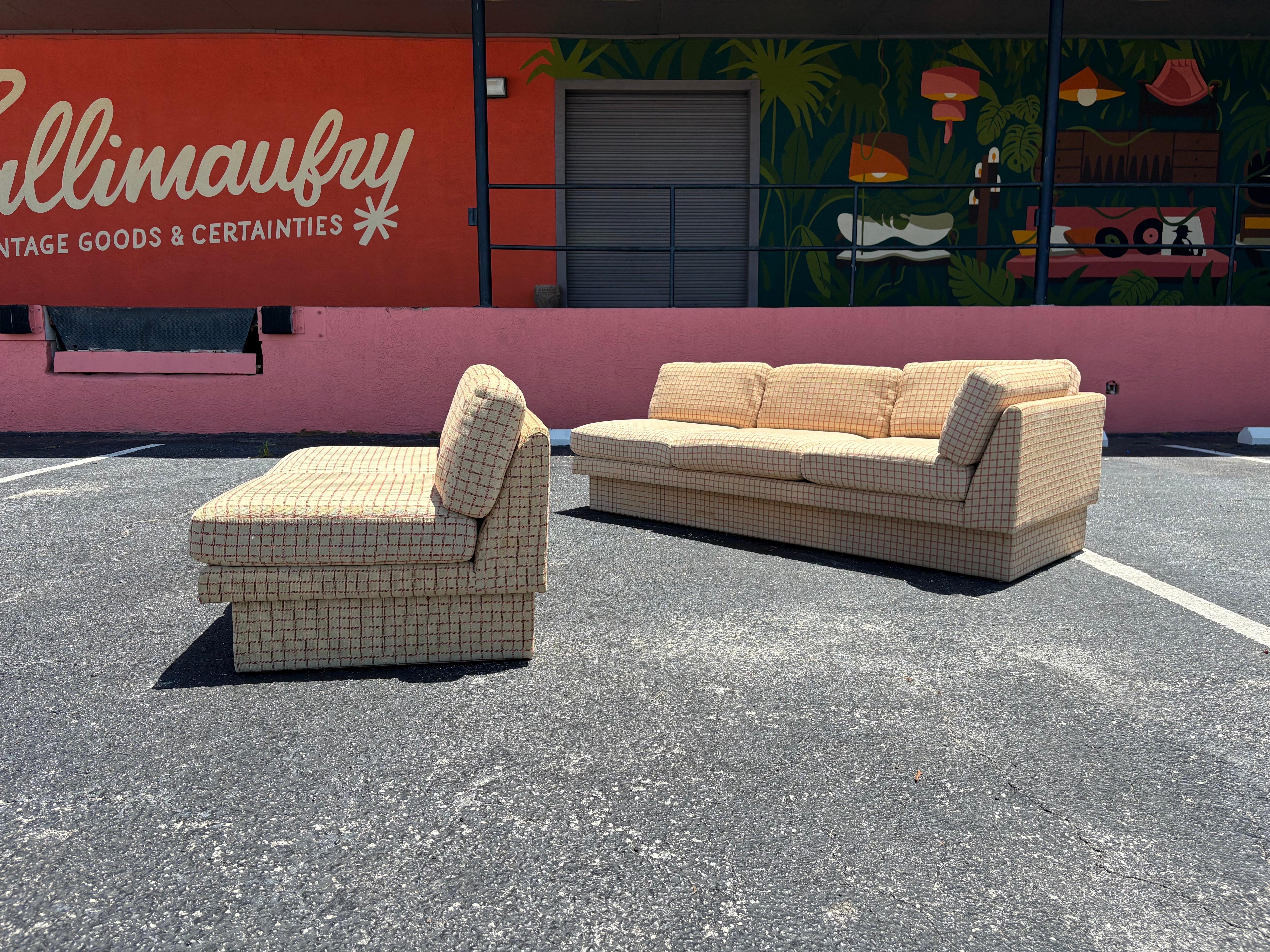 Vintage Galloways Post Modern Two Piece Checked Plaid Sectional Sofa 2