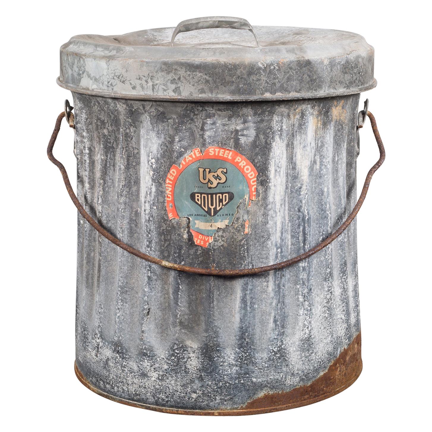 1940s Industrial Galvanized Metal Trash Can / Log Holder