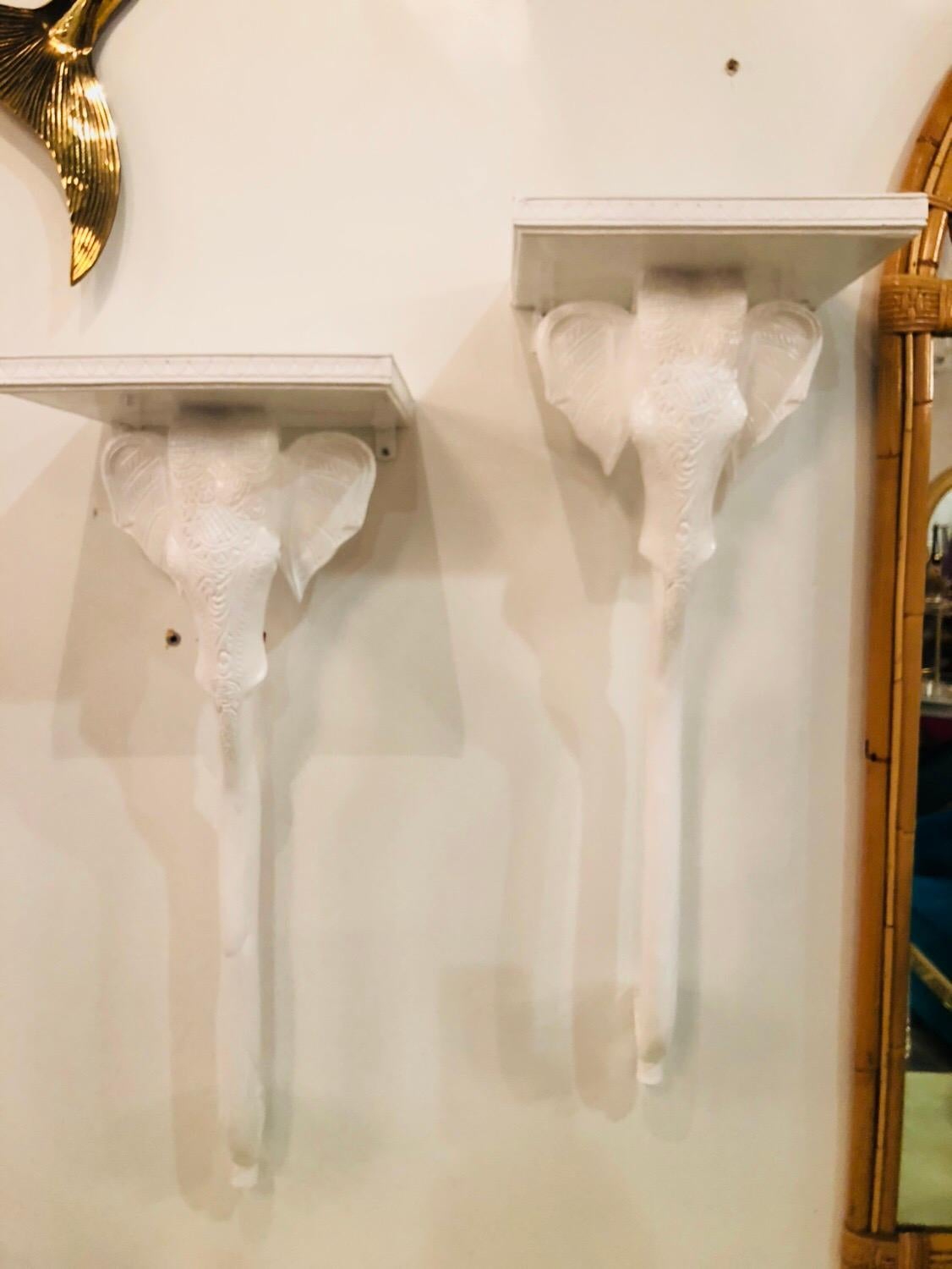 Vintage Gampel and Stoll Pair Elephant Wall Sconce Shelves Shelf Lacquered White 1