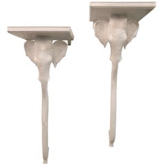 Vintage Gampel and Stoll Pair Elephant Wall Sconce Shelves Shelf Lacquered White