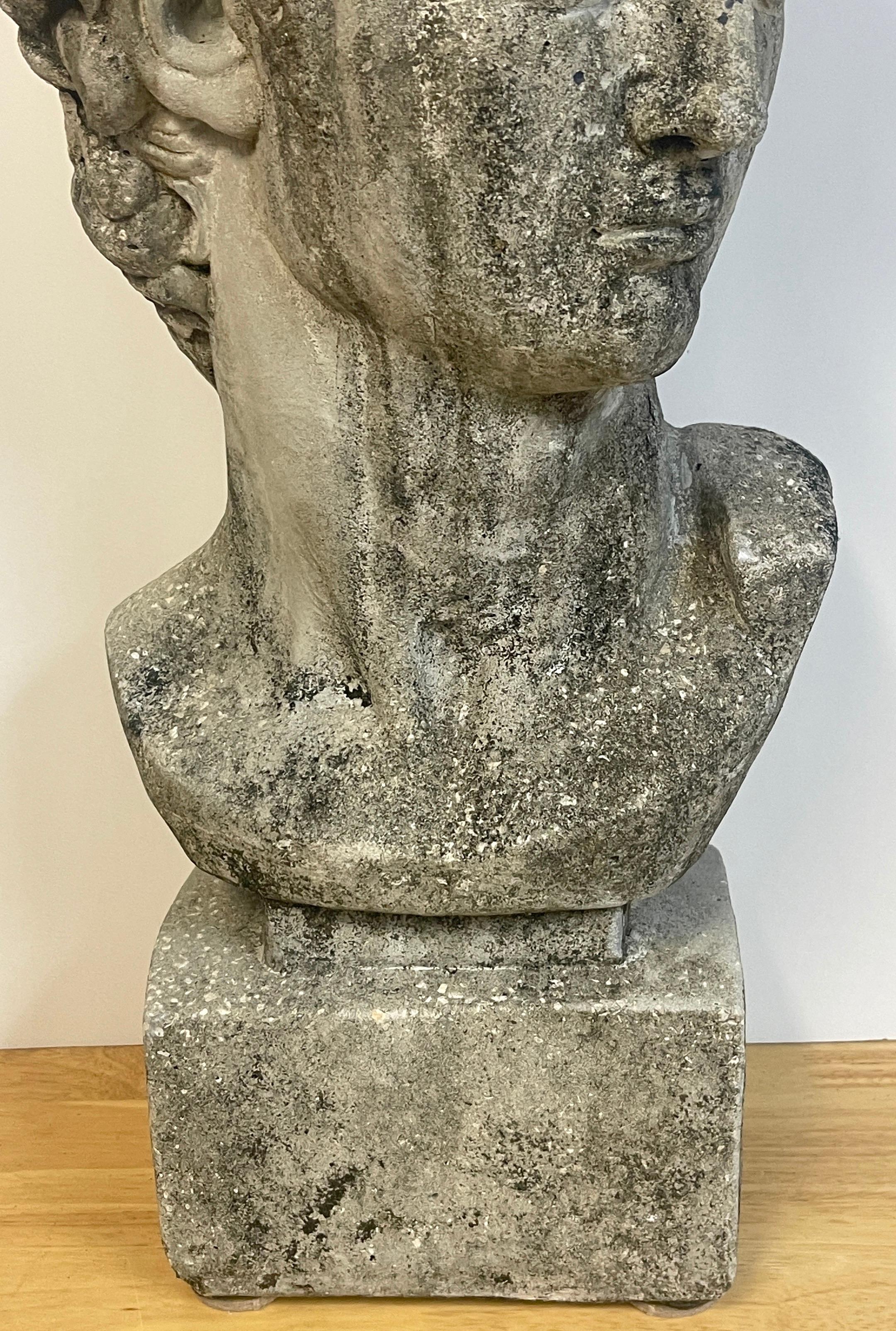 Neoclassical Vintage Garden Cast Stone Bust of Michelangelo's David
