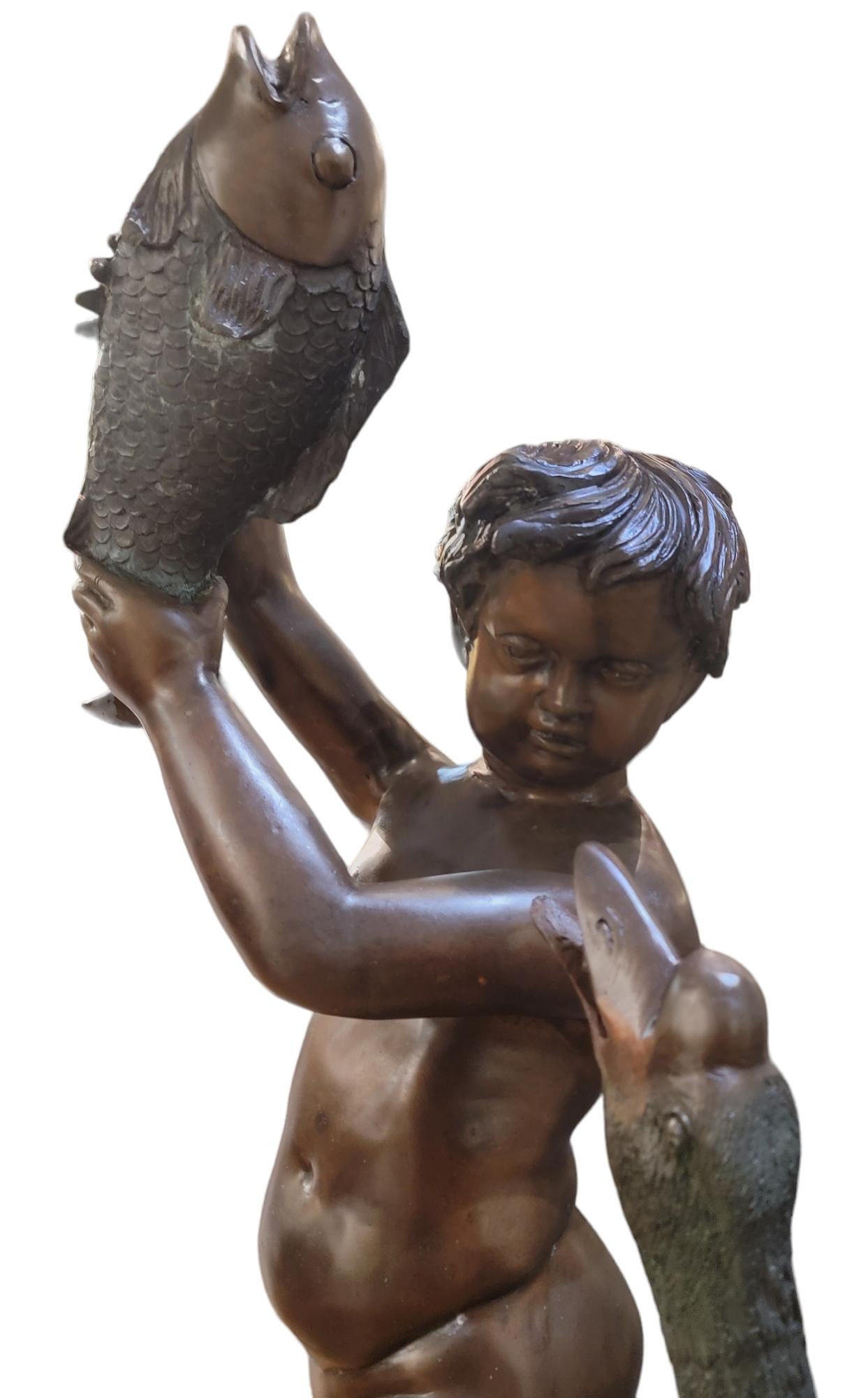 Bronze Vintage Garden Fountain Of Boy, Koi fish and Goose For Sale