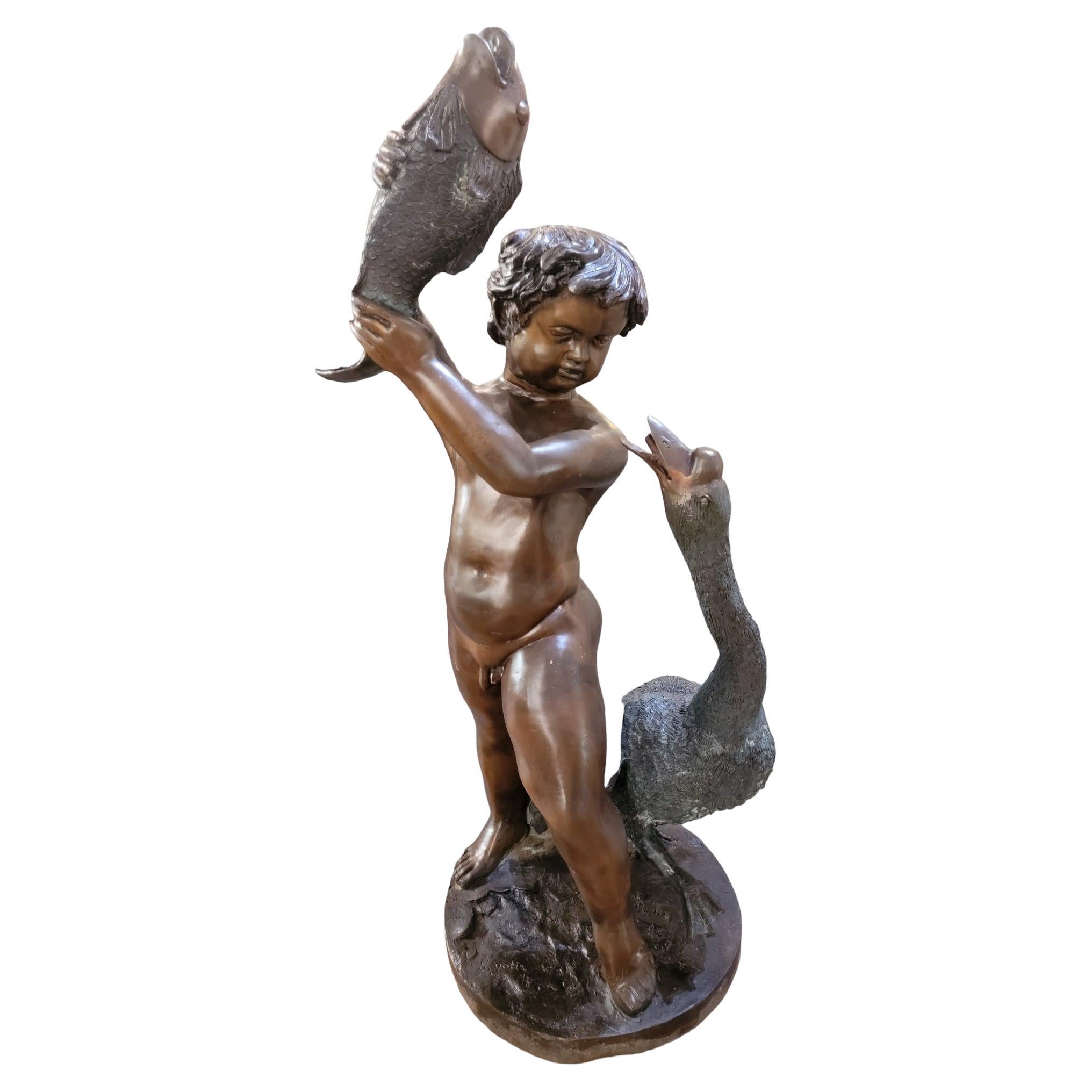Vintage Garden Fountain Of Boy, Koi fish and Goose For Sale