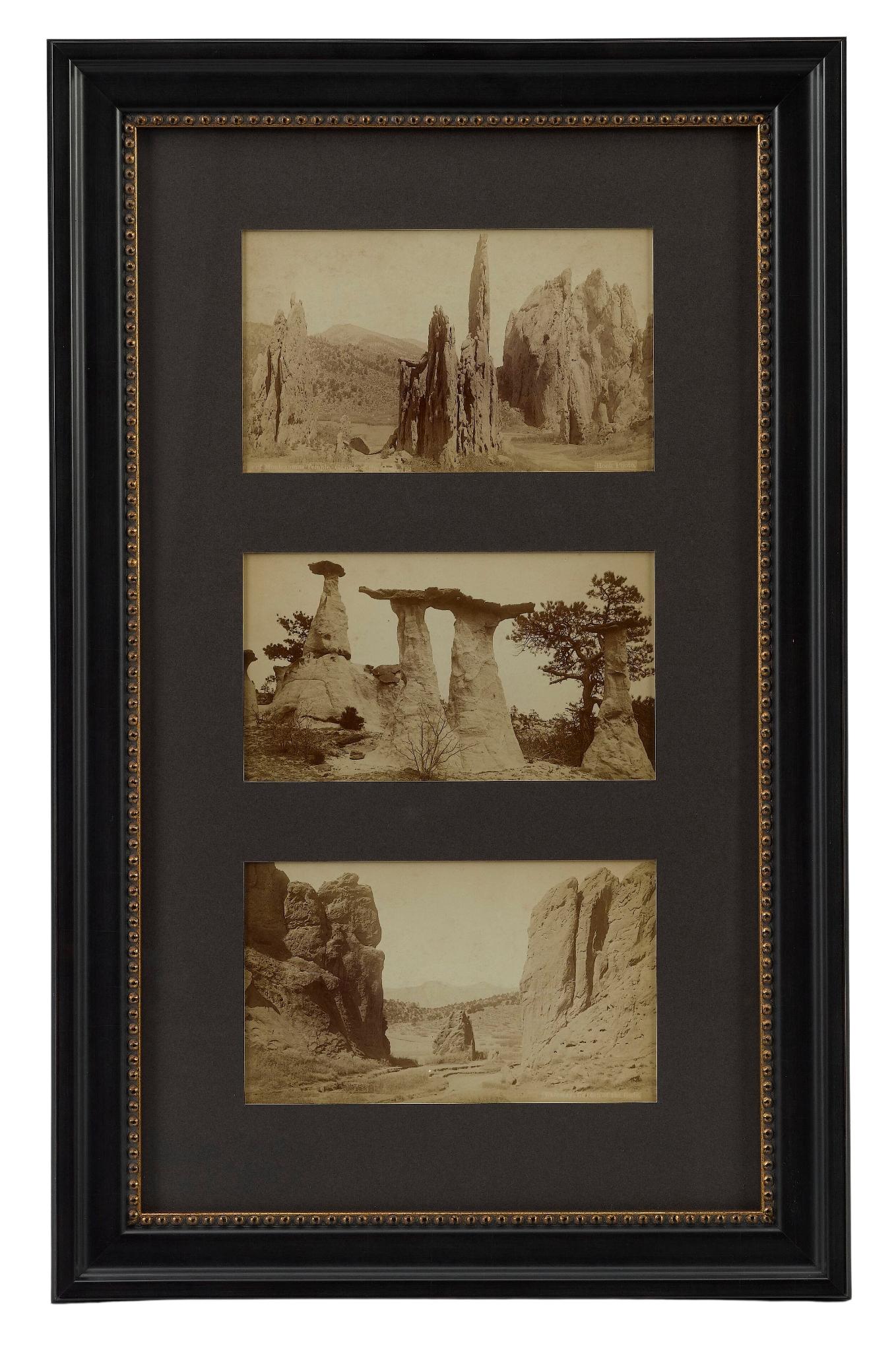 Presented is a collage of three vintage cabinet card photographs of the Garden of the Gods, in Colorado dating to the 1890s. The sepia toned photographs were published by W.E. Hook View, Stationery and Book Company. The photographs capture views of