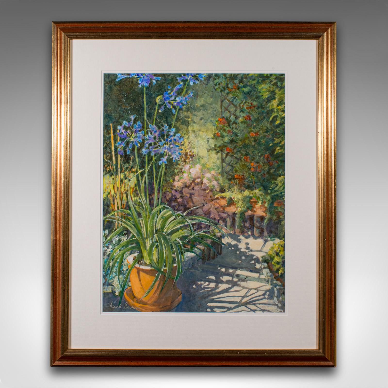 
This is a vintage garden painting 'Agapanthus in Artist's Garden.' An English, oil on board art piece signed by the artist, dating to the late 20th century, circa 1980.

Charming oil painting with attractive colour and technique
Displaying a