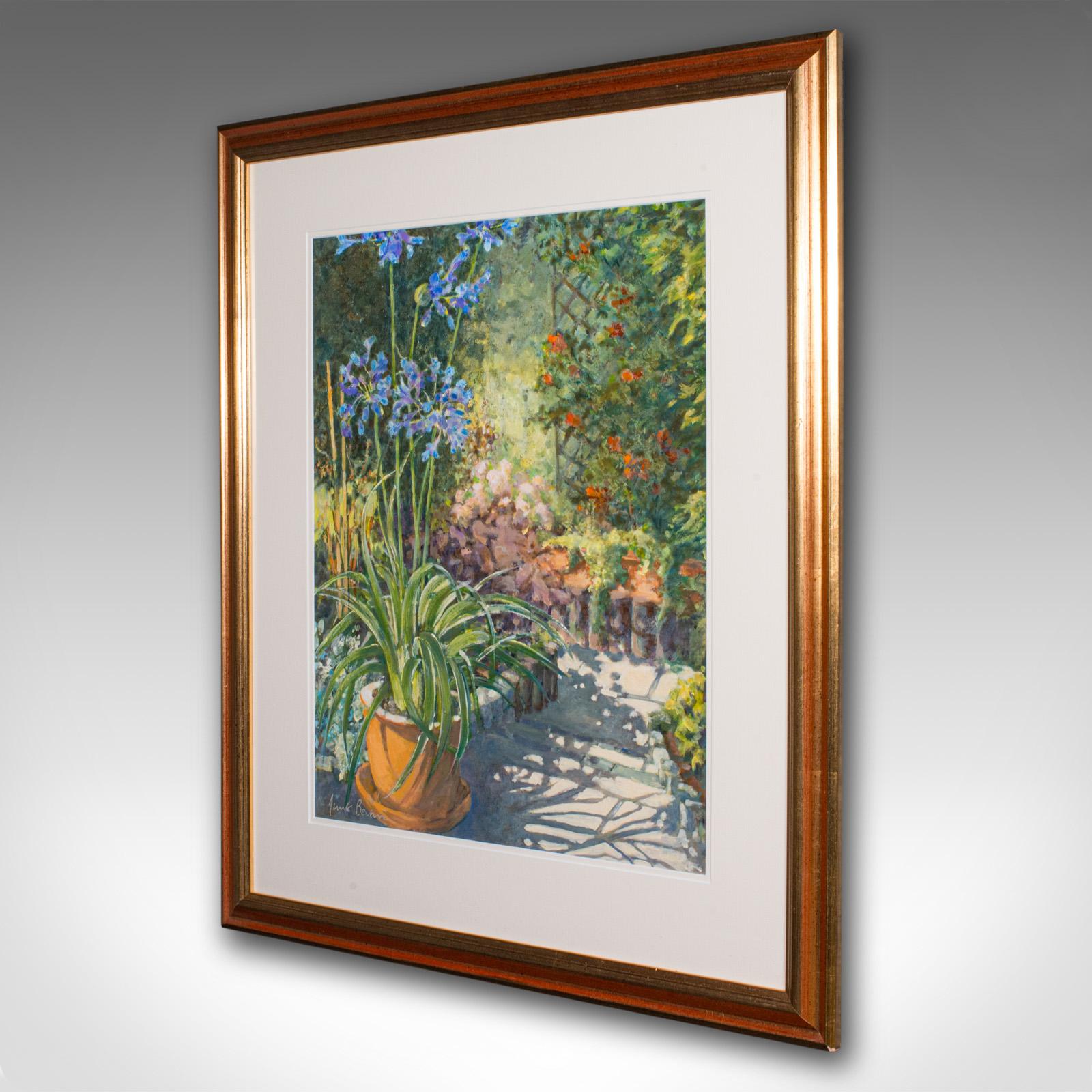 Mid-Century Modern Vintage Garden Painting, English Oil On Board, Glass, Flower Art, Signed, C.1980 For Sale