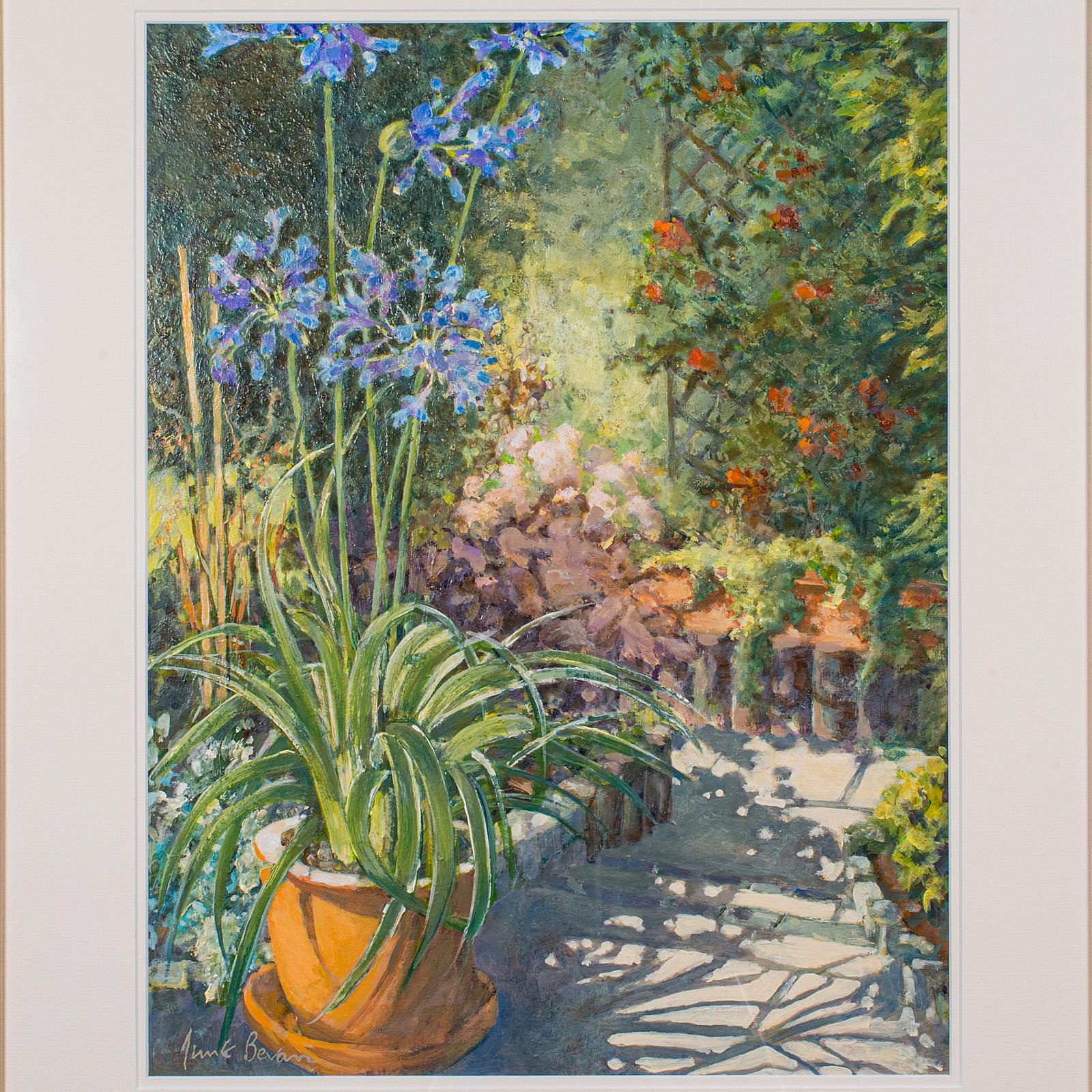 British Vintage Garden Painting, English Oil On Board, Glass, Flower Art, Signed, C.1980 For Sale