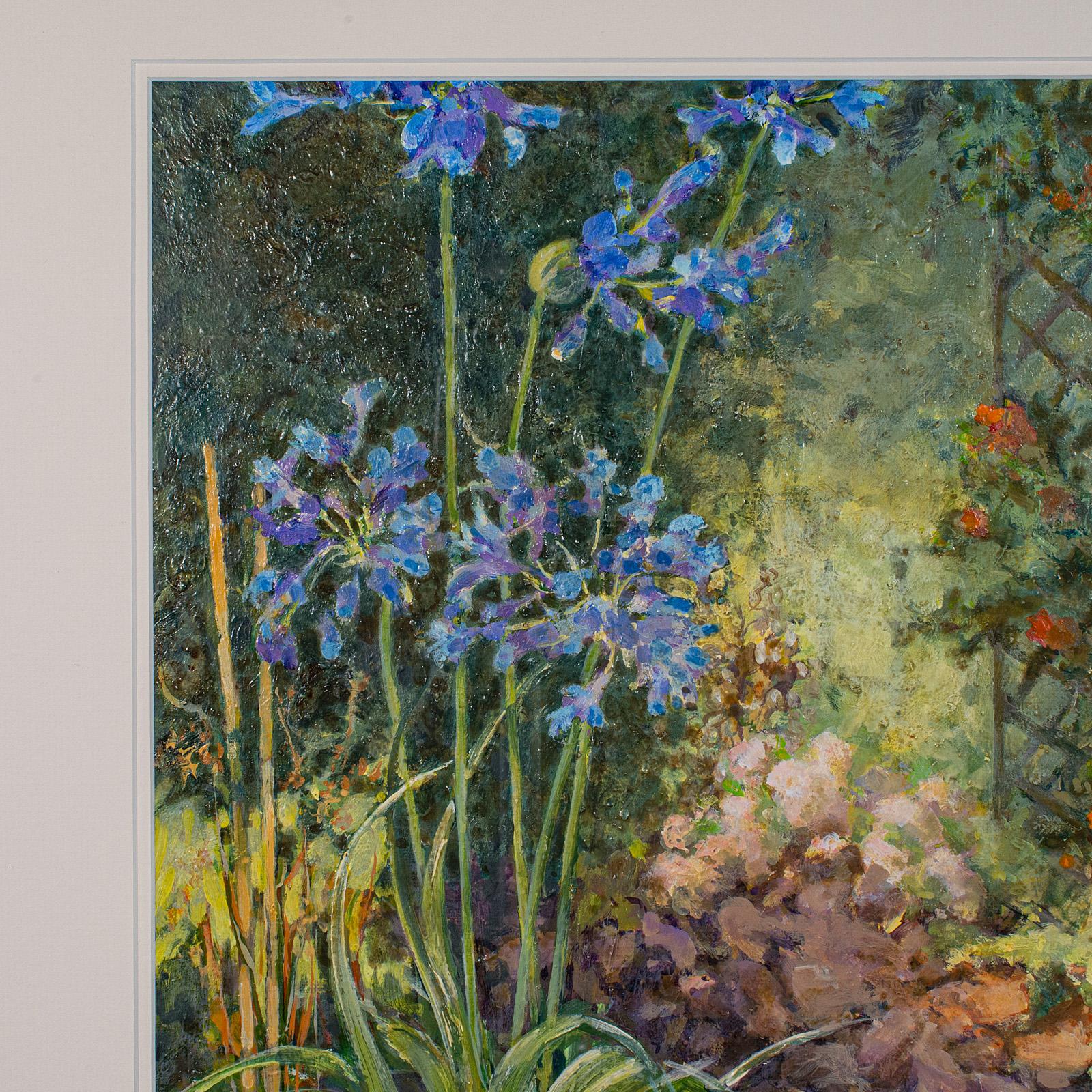 Vintage Garden Painting, English Oil On Board, Glass, Flower Art, Signed, C.1980 In Good Condition For Sale In Hele, Devon, GB