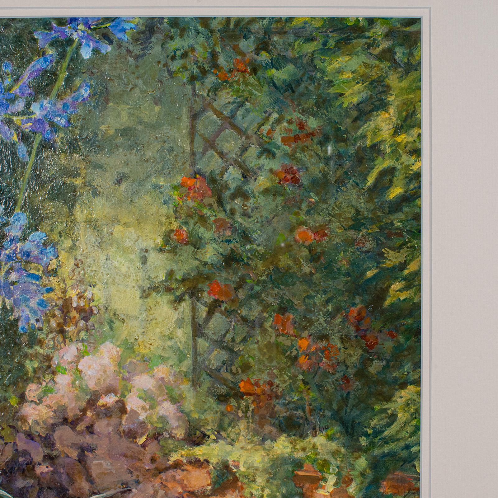 20th Century Vintage Garden Painting, English Oil On Board, Glass, Flower Art, Signed, C.1980 For Sale