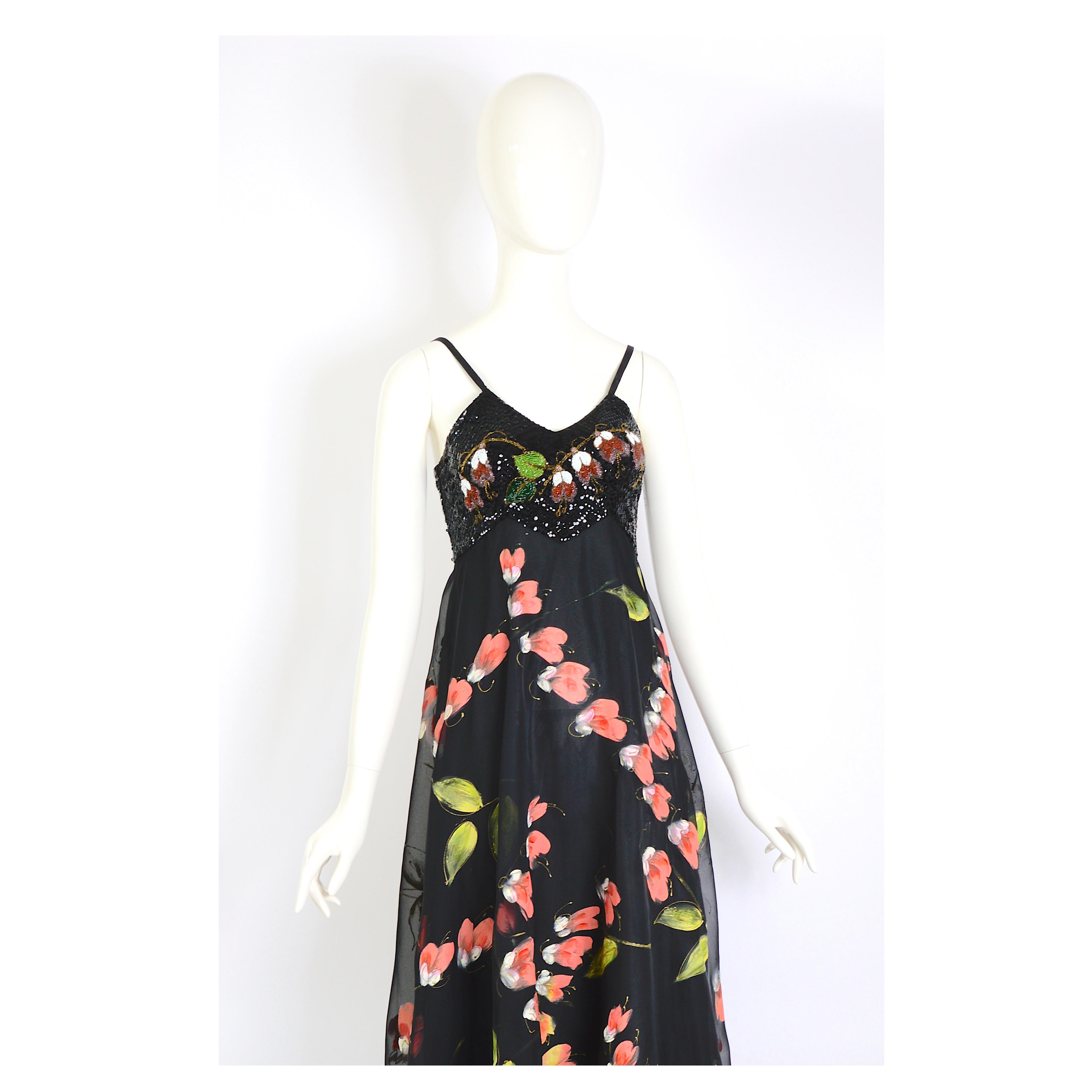 Vintage garden party chique beaded bodice flower design empire waist long dress For Sale 6