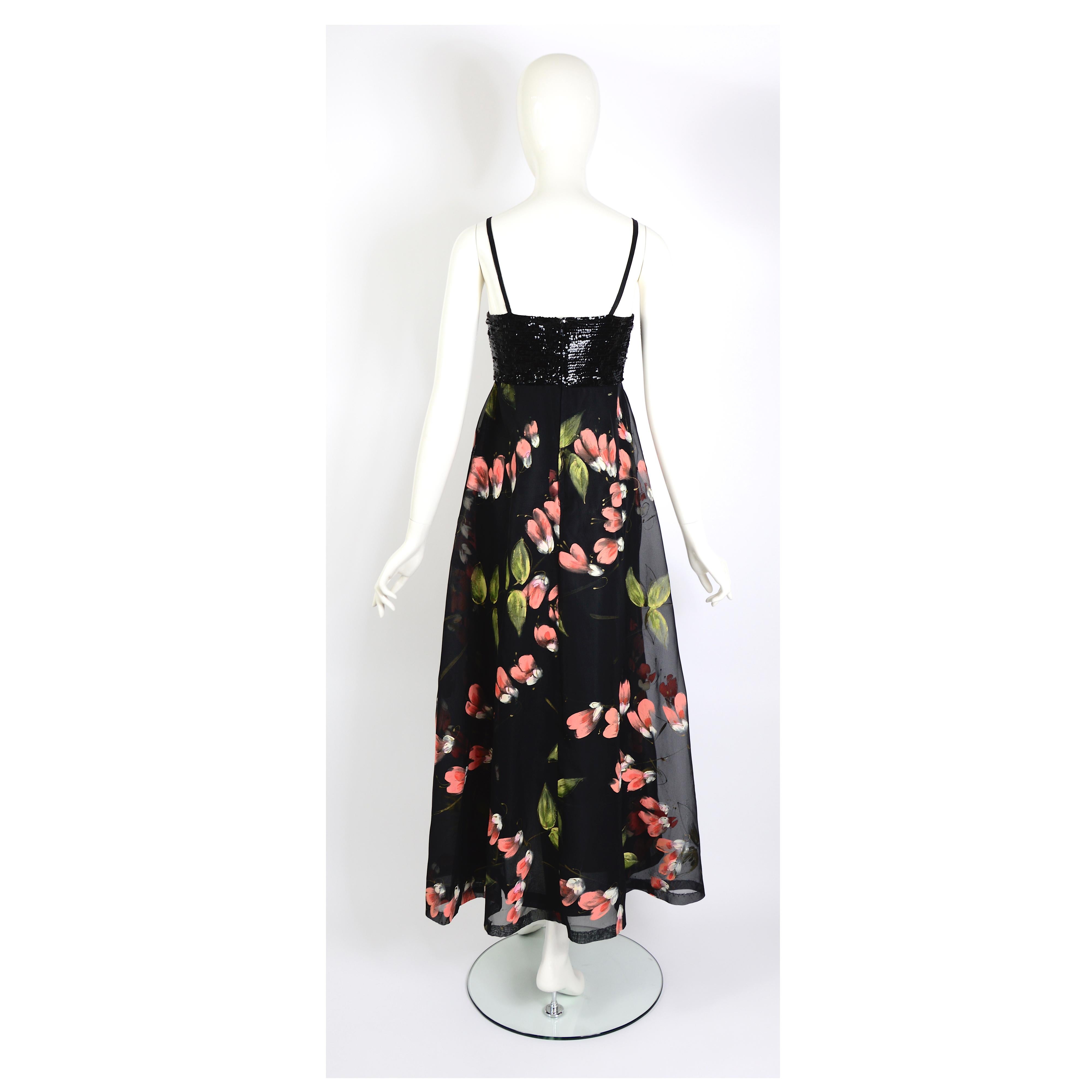Vintage garden party chique beaded bodice flower design empire waist long dress For Sale 1