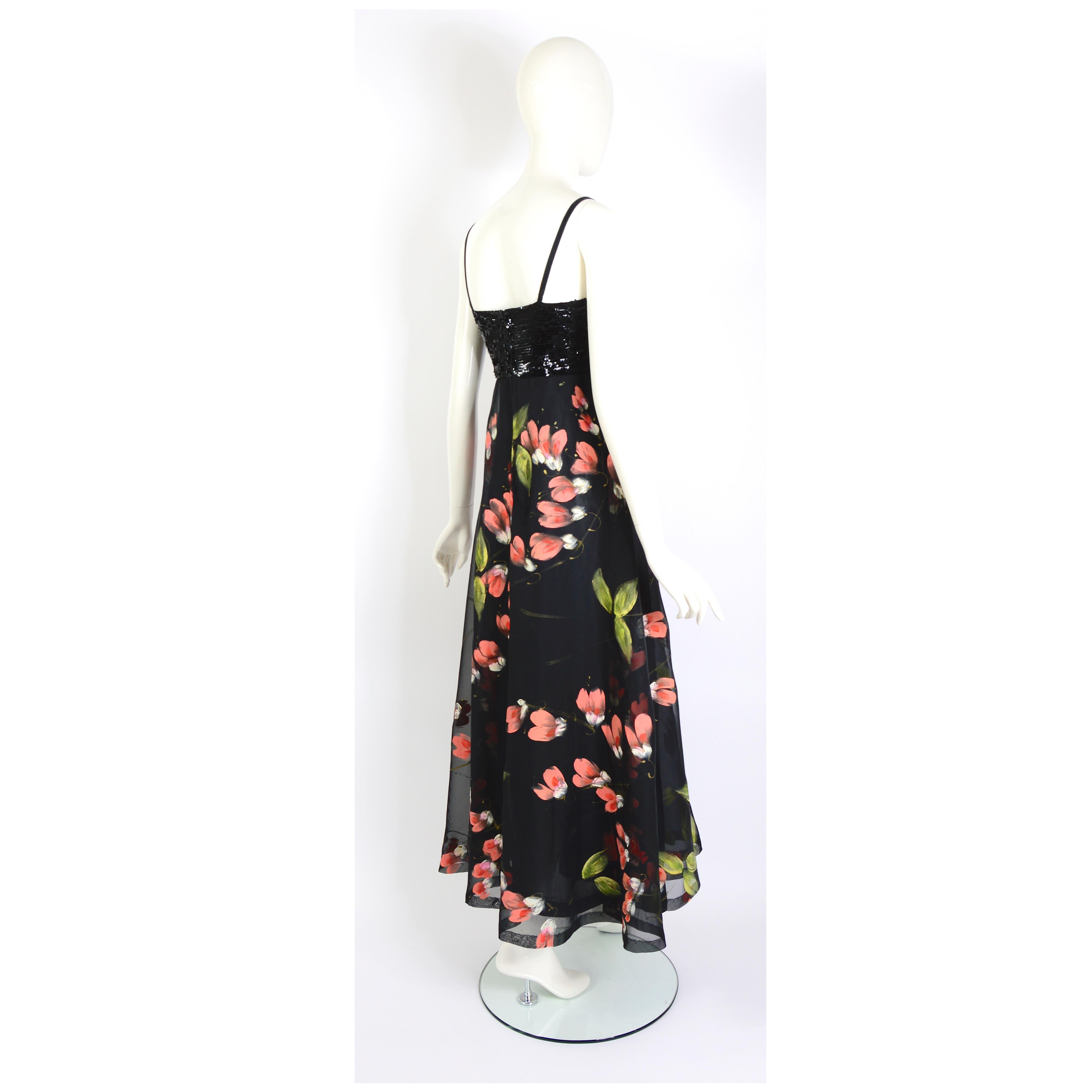 Vintage garden party chique beaded bodice flower design empire waist long dress For Sale 2