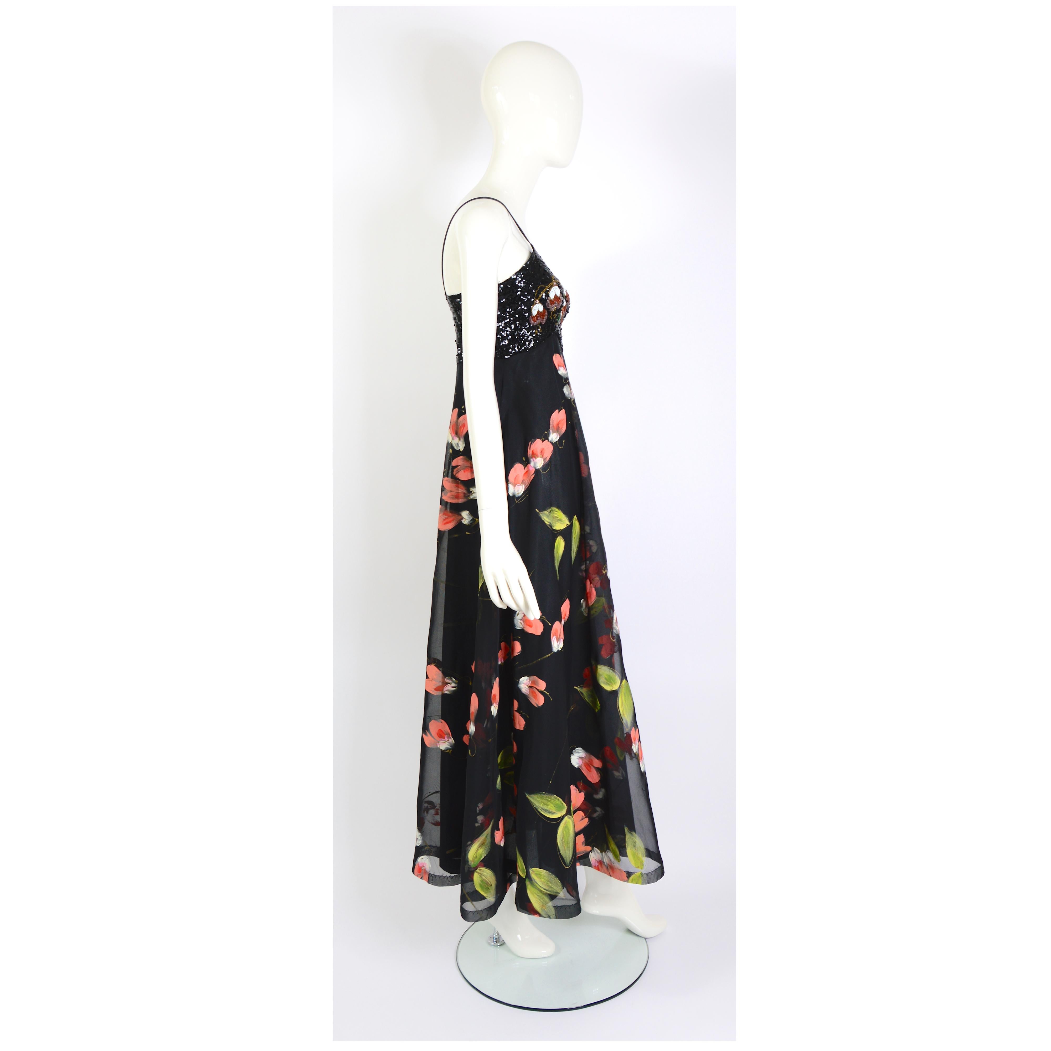 Vintage garden party chique beaded bodice flower design empire waist long dress For Sale 3