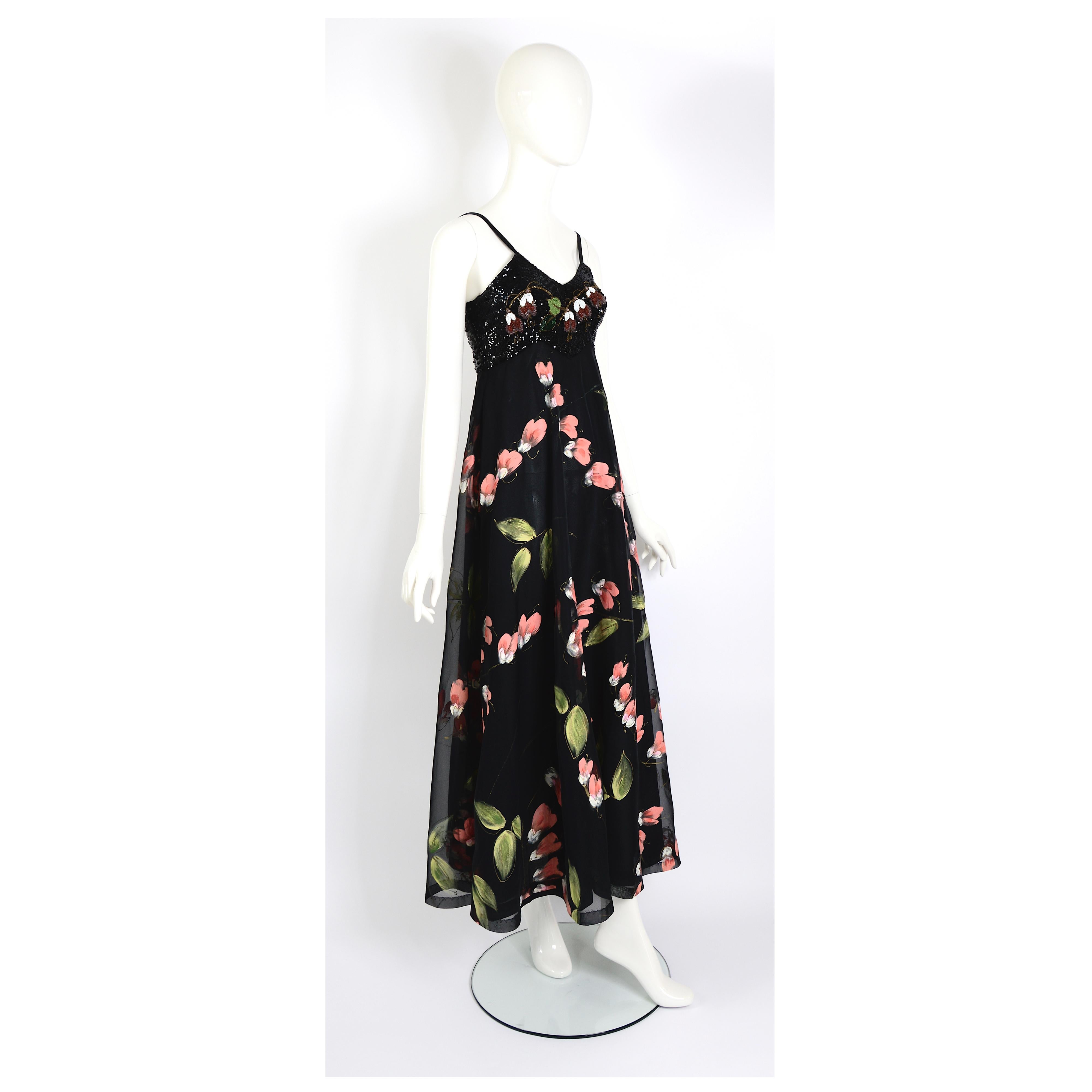 Vintage garden party chique beaded bodice flower design empire waist long dress For Sale 4