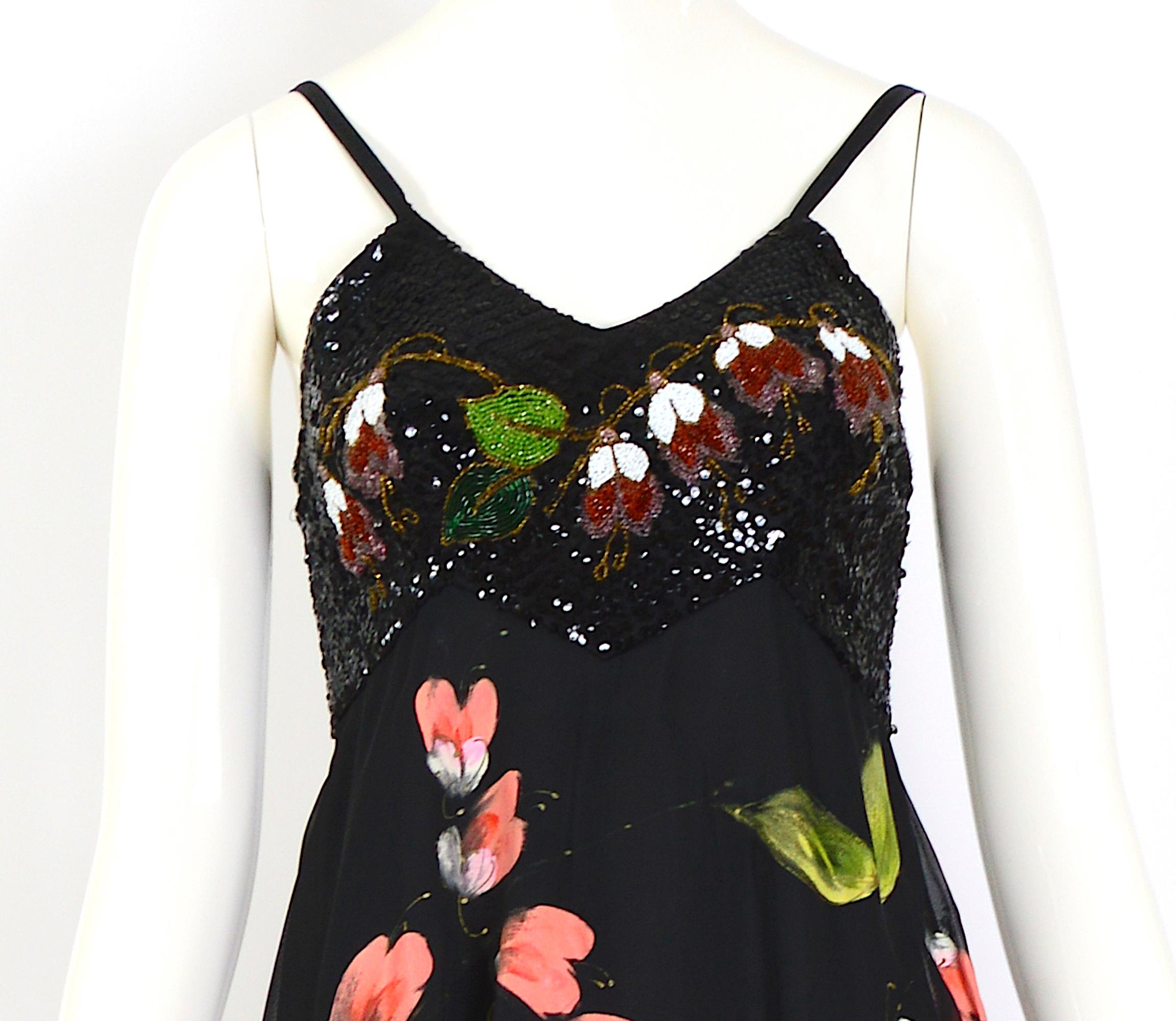 Vintage garden party chique beaded bodice flower design empire waist long dress For Sale 5