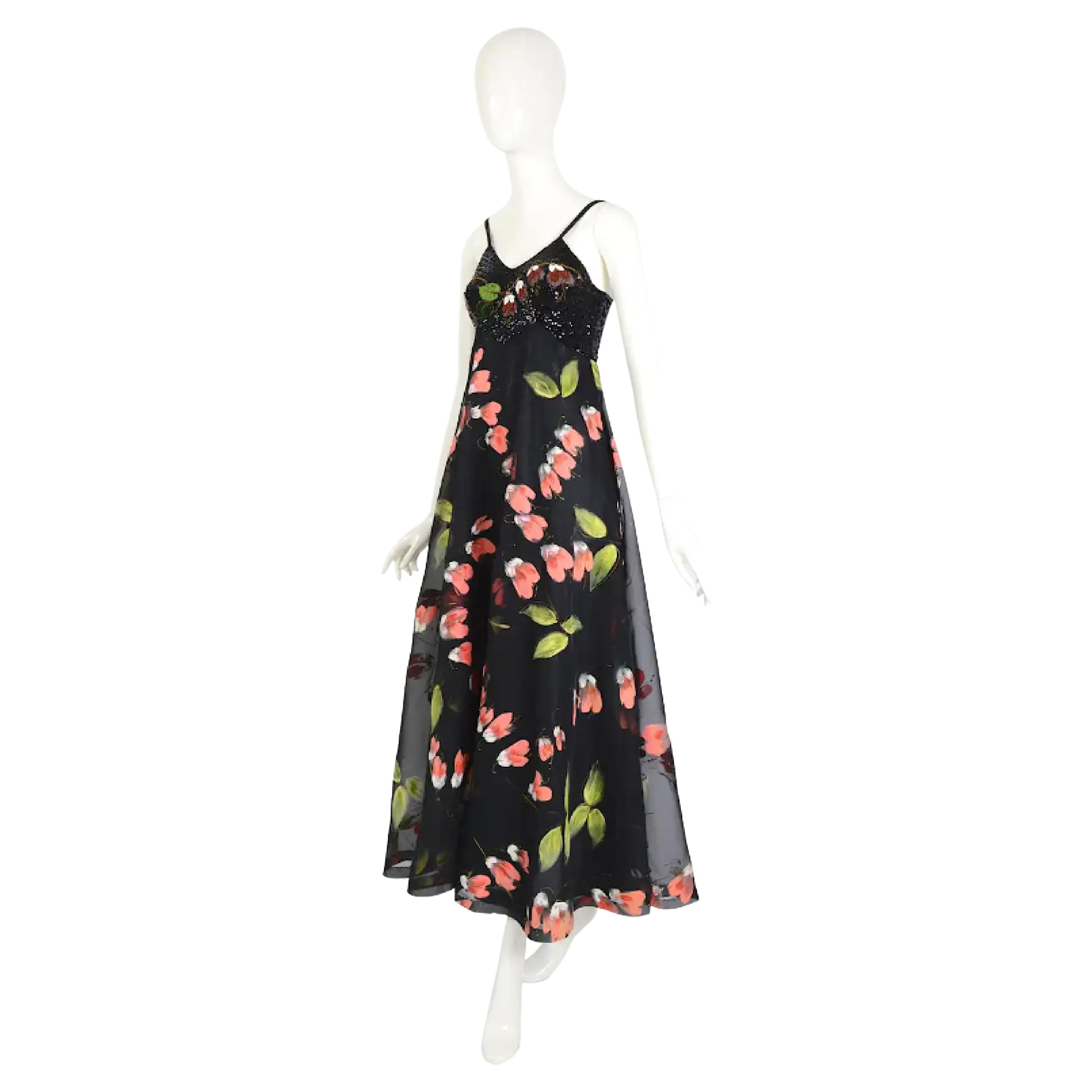Vintage garden party chique beaded bodice flower design empire waist long dress For Sale