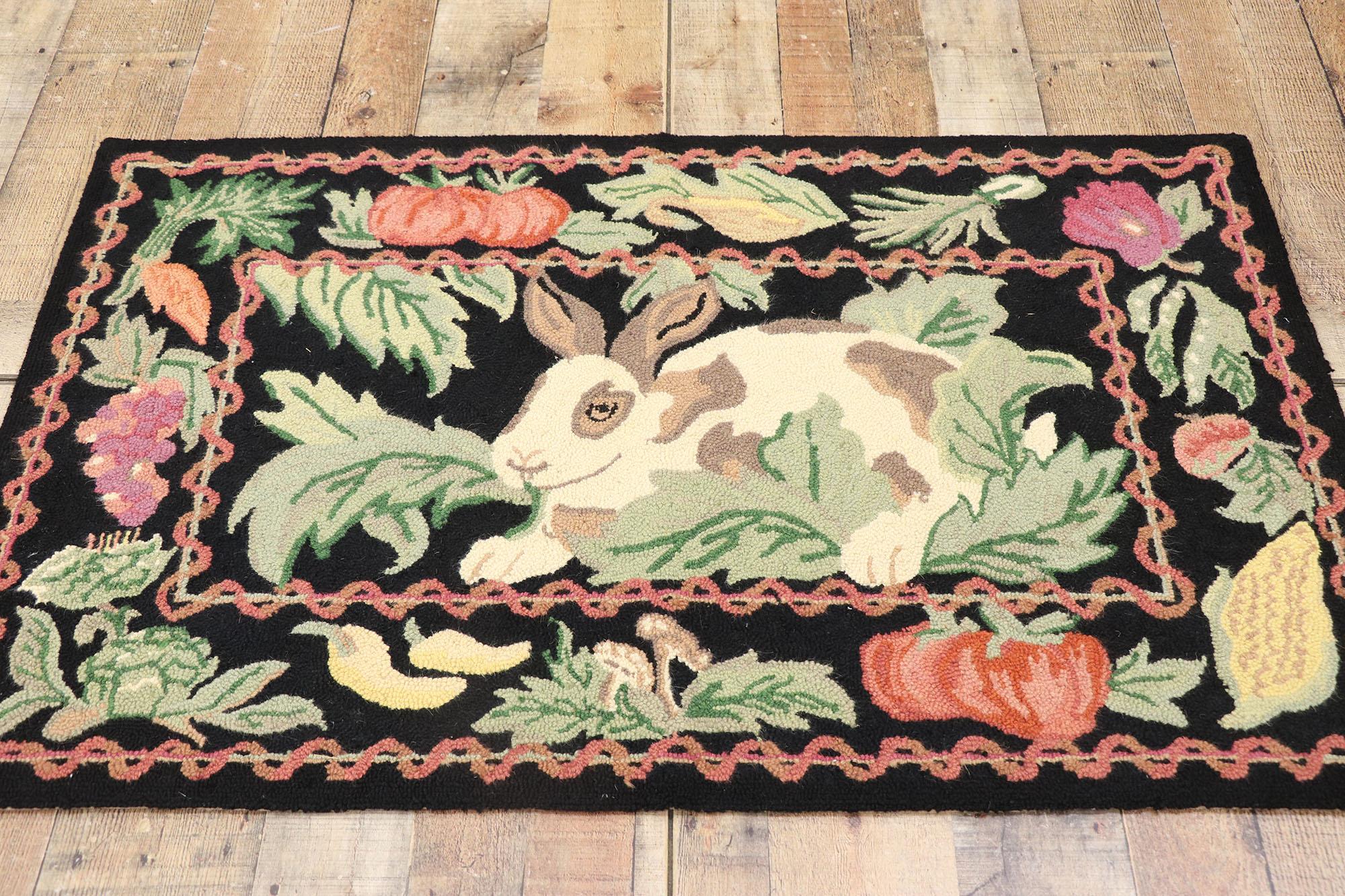 Chinese Vintage Garden Rabbit Hooked Rug with French Country Cottage Style For Sale