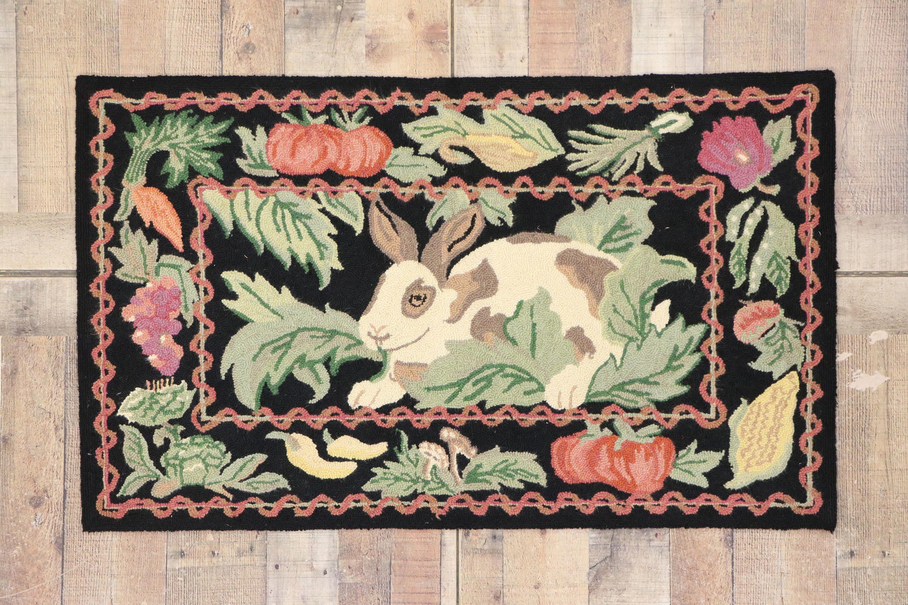 Hand-Crafted Vintage Garden Rabbit Hooked Rug with French Country Cottage Style For Sale