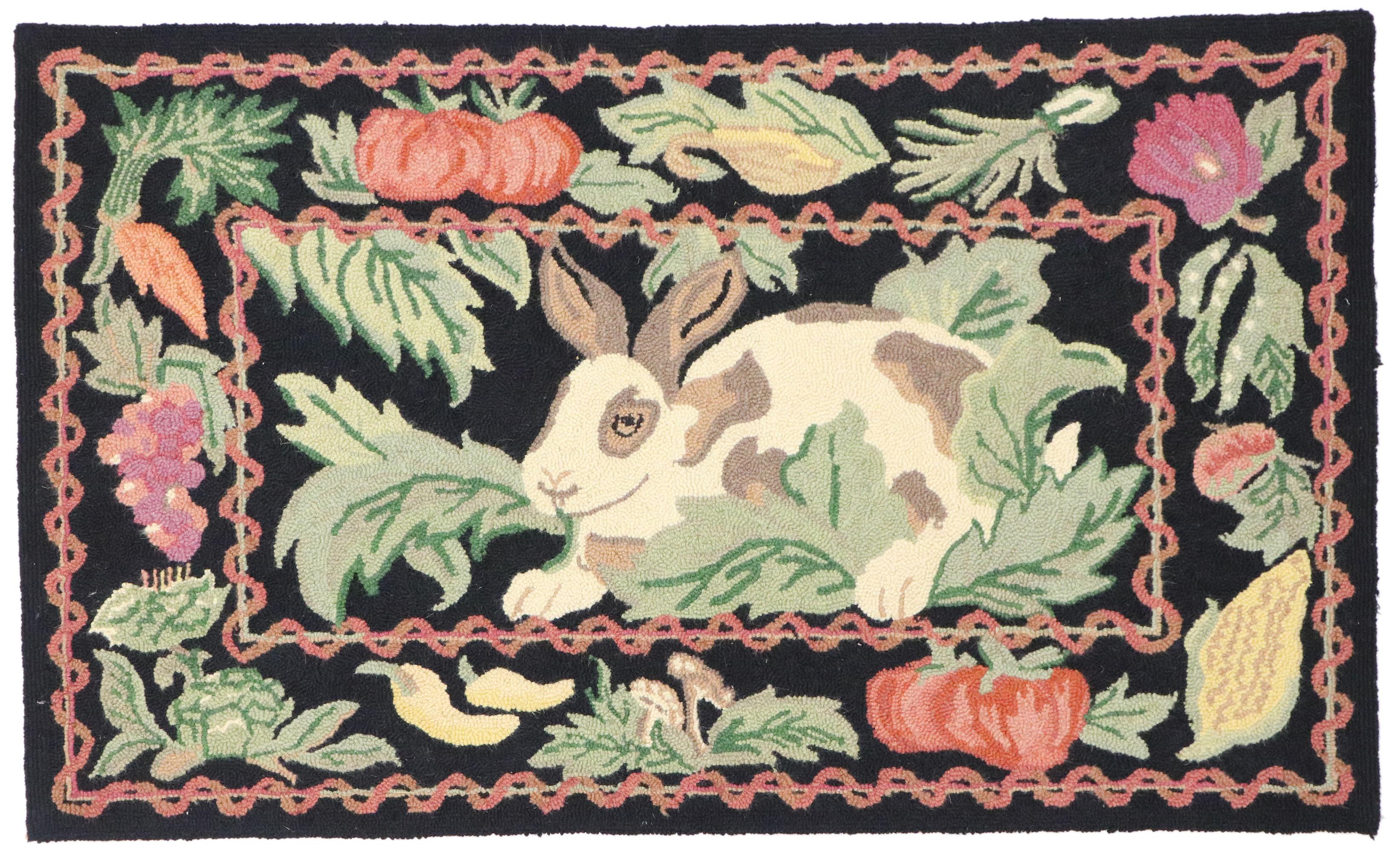 Vintage Garden Rabbit Hooked Rug with French Country Cottage Style In Good Condition For Sale In Dallas, TX