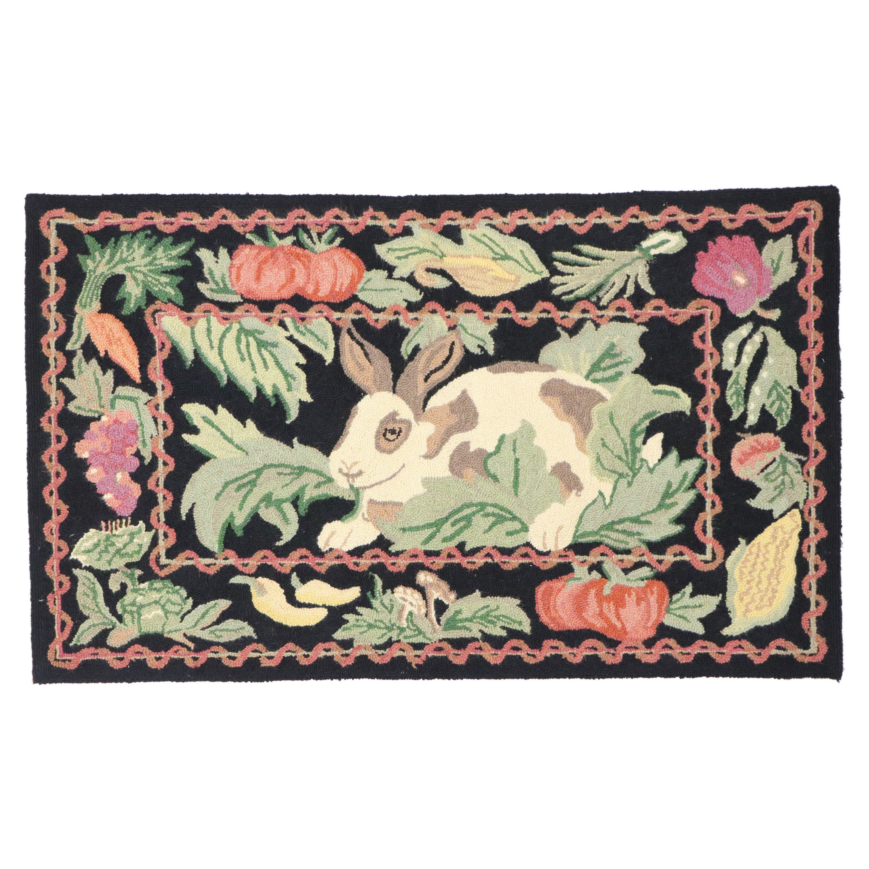Tappeto vintage con coniglio uncinato con stile rustico francese in vendita