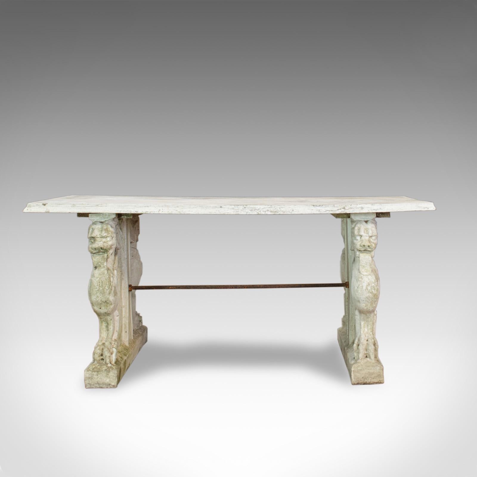 This is a vintage garden table. An Italian, reconstituted stone bench dating to the mid-20th century, circa 1960.

A detailed pedestal table or bench displaying desirable weathering
Stone is in good consistent order throughout
Broad stone top
