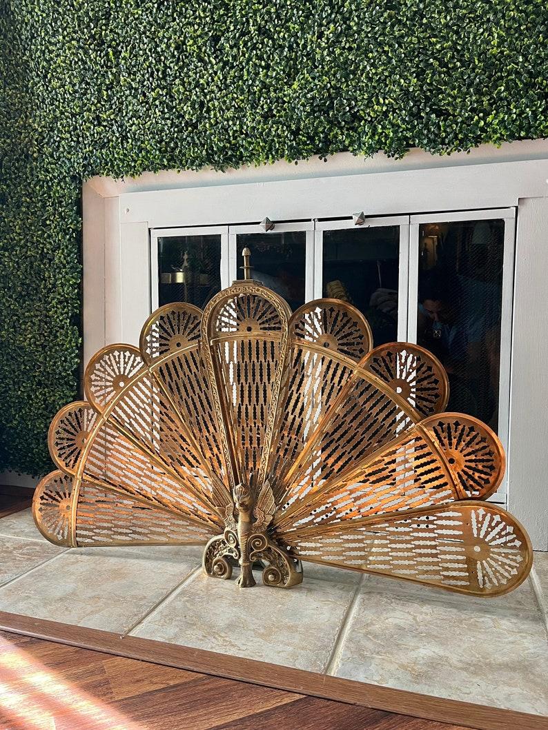 American Vintage Gargoyle Griffin Brass Peacock Fireplace Folding Fan Screen