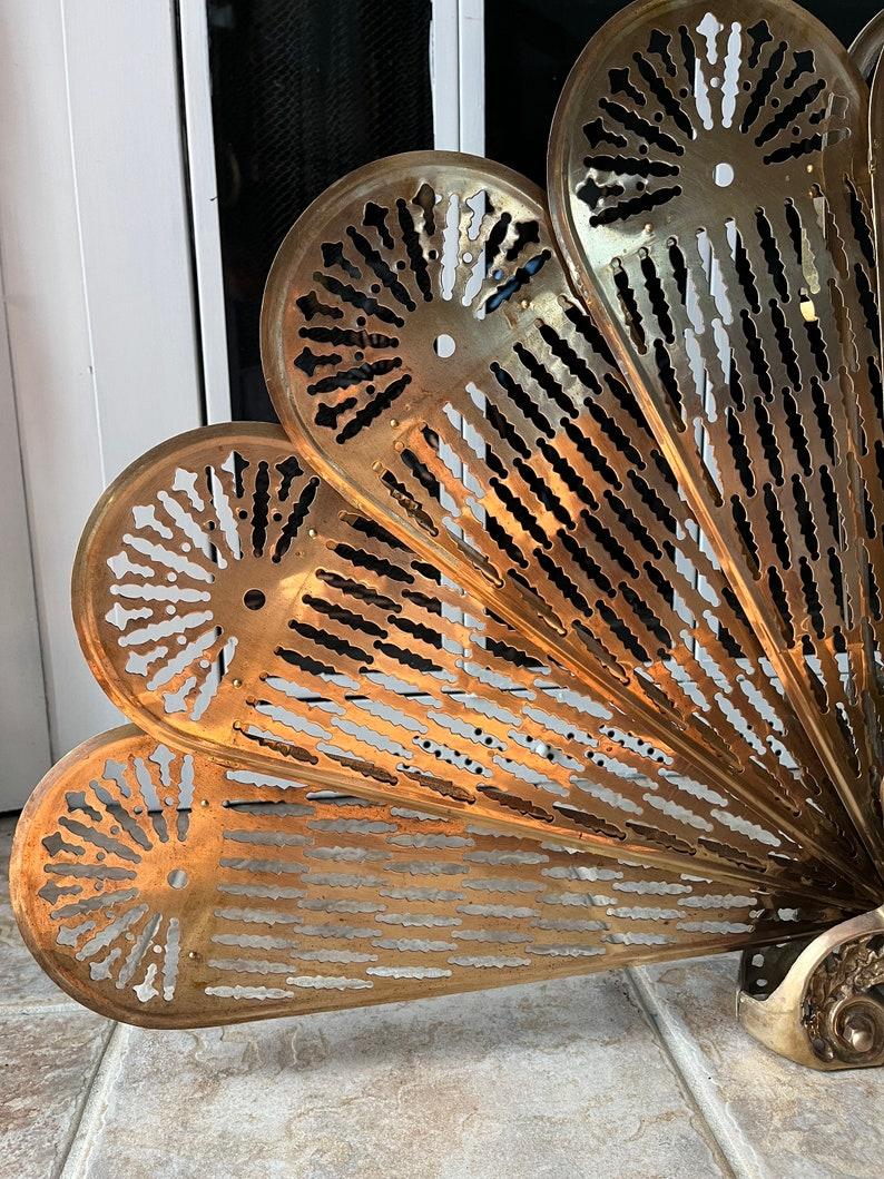 Vintage Gargoyle Griffin Brass Peacock Fireplace Folding Fan Screen In Good Condition In Portsmouth, VA