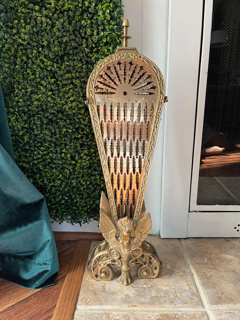 20th Century Vintage Gargoyle Griffin Brass Peacock Fireplace Folding Fan Screen