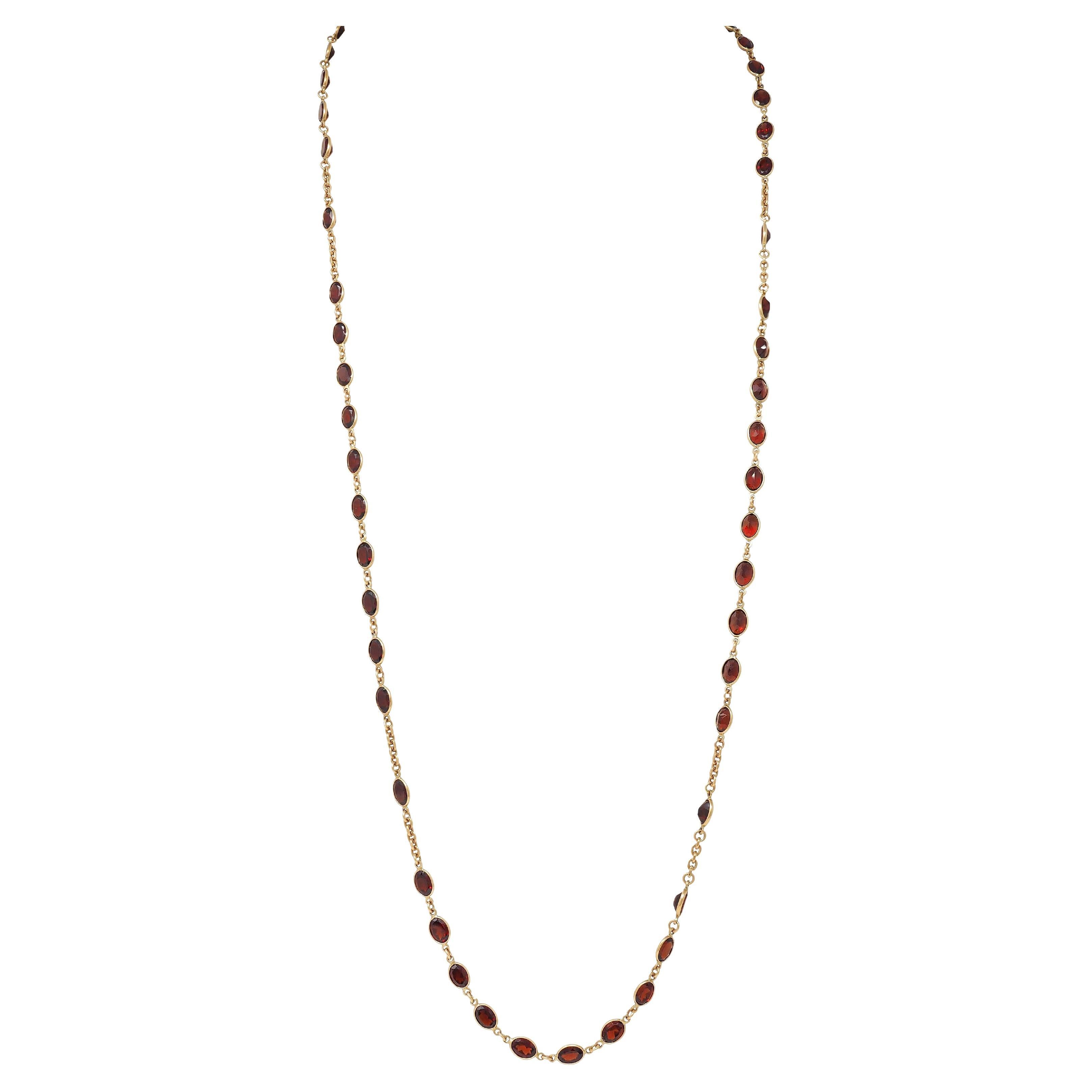 Vintage Garnet 14 Karat Yellow Gold Bezel Link Chain Necklace