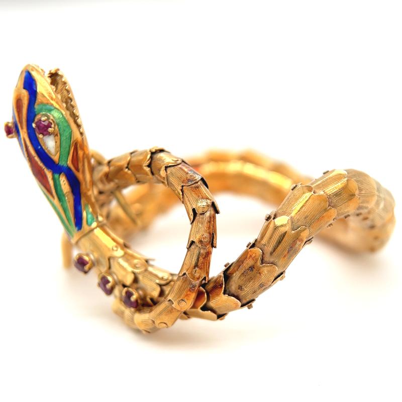 Women's or Men's Vintage Garnet 18 Karat Yellow Gold Enamel Articulated Snake Bracelet