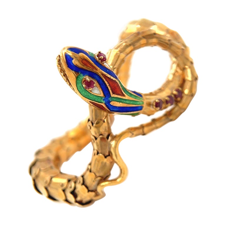 Vintage Garnet 18 Karat Yellow Gold Enamel Articulated Snake Bracelet