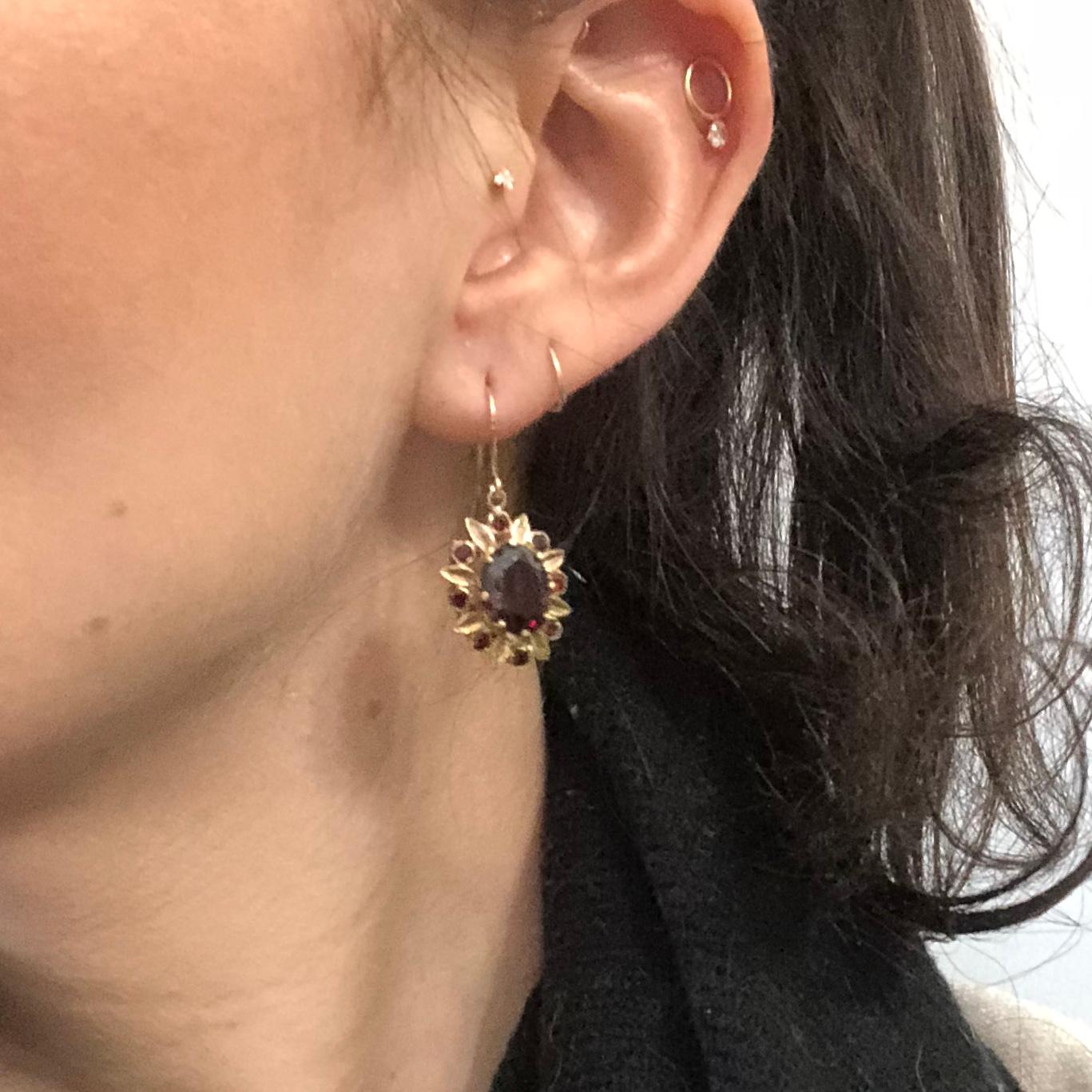 Women's Vintage Garnet 9 Carat Gold Cluster Dangle Earrings